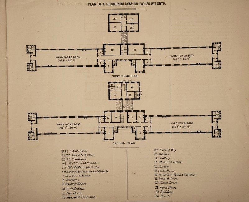 PLAN OF A REGIMENTAL HOSPITAL FOR 120 PATIENTS. FIRST FLOOR PLAN. GROUND PLAN. 1111. Z-BedL Wards. 2.2.2.2. Ward Orderlies. 3.33.3. ScoMeries. I. 1. IFi/irdcs & UrmWls. 5.5. 7T^WPerlcdtleiBodhs, 6.6.6 b JSatAsd'oratories,& Z/rinaZs. 7. i:7.7. W.Cstic Sirrks. 8. Surgery- 9 Wadiru/ Hoeiro, 10.10. Orderlies. II, Day doom 12 JIosjovtaZ Sergeant. 12a Covered Wxy. 13. Kitchen . 11. Scullery. 15. JVTeoiiccd Com/brls. \b,L ardor, 17. Coo Ids IRoorus. 18. Or (Herd?, es ’23 colit &J2ctvcdcry. 19. Utensil Store. 20. Clean 2L wen. 21 Pack Store. 22 JSecMtng 23.WO. 0.