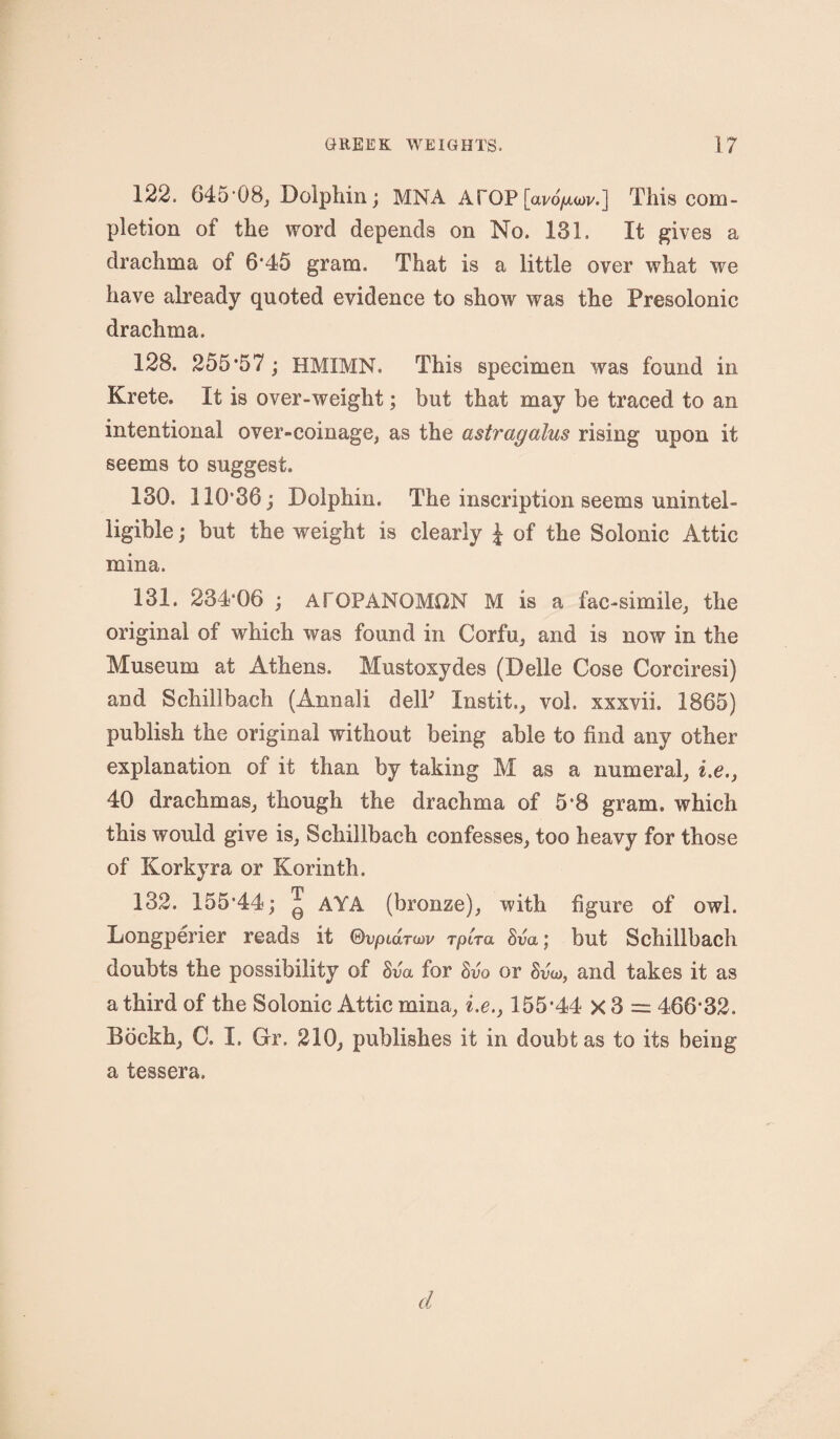 122. 645-08, Dolphin; MNA ATOP [aj/ofjLdiv.] This com¬ pletion of the word depends on No. 131. It gives a drachma of 6*45 gram. That is a little over what we have already quoted evidence to show was the Presolonic drachma. 128. 255*57 ; HMIMN. This specimen was found in Krete. It is over-weight; but that may be traced to an intentional over-coinage, as the astragalus rising upon it seems to suggest, 130. 110*36; Dolphin. The inscription seems unintel¬ ligible ; but the weight is clearly \ of the Solonic Attic mina. 131. 234-06 ; AFOPANOMON M is a fac-simile, the original of which was found in Corfu, and is now in the Museum at Athens. Mustoxydes (Delle Cose Corciresi) and Schillbach (Annali del? Instit., vol. xxxvii. 1865) publish the original without being able to find any other explanation of it than by taking M as a numeral, i.e., 40 drachmas, though the drachma of 5*8 gram, which this would give is, Schillbach confesses, too heavy for those of Korkyra or Korinth. 132. 155'44; ^ AYA (bronze), with figure of owl. Longperier reads it QvpuxTwv rptra Sva; but Schillbach doubts the possibility of Sva for Svo or Sva), and takes it as a third of the Solonic Attic mina, i.e.} 155-44 x 3 = 466'32. Bbckh, C. I. Gr. 210, publishes it in doubt as to its being a tessera. d