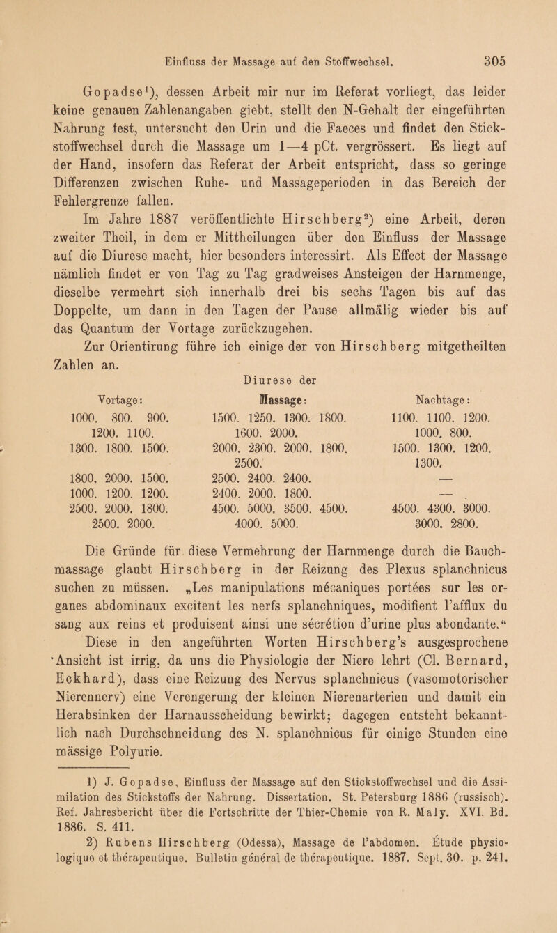 Gopadse1), dessen Arbeit mir nur im Referat vorliegt, das leider keine genauen Zahlenangaben giebt, stellt den N-Gehalt der eingeführten Nahrung fest, untersucht den Urin und die Faeces und findet den Stick¬ stoffwechsel durch die Massage um 1—4 pCt. vergrössert. Es liegt auf der Hand, insofern das Referat der Arbeit entspricht, dass so geringe Differenzen zwischen Ruhe- und Massageperioden in das Bereich der Fehlergrenze fallen. Im Jahre 1887 veröffentlichte Hirschberg2) eine Arbeit, deren zweiter Theil, in dem er Mittheilungen über den Einfluss der Massage auf die Diurese macht, hier besonders interessirt. Als Effect der Massage nämlich findet er von Tag zu Tag gradweises Ansteigen der Harnmenge, dieselbe vermehrt sich innerhalb drei bis sechs Tagen bis auf das Doppelte, um dann in den Tagen der Pause allmälig wieder bis auf das Quantum der Vortage zurückzugehen. Zur Orientirung führe ich einige der von Hirschberg mitgetheilten Zahlen an. Diurese der Vortage: 1000. 800. 900. 1200. 1100. 1300. 1800. 1500. 1800. 2000. 1500. 1000. 1200. 1200. 2500. 2000. 1800. 2500. 2000. Massage: 1500. 1250. 1300. 1800. 1600. 2000. 2000. 2300. 2000. 1800. 2500. 2500. 2400. 2400. 2400. 2000. 1800. 4500. 5000. 3500. 4500. 4000. 5000. Nachtage: 1100. 1100. 1200. 1000. 800. 1500. 1300. 1200. 1300. 4500. 4300. 3000. 3000. 2800. Die Gründe für diese Vermehrung der Harnmenge durch die Bauch¬ massage glaubt Hirschberg in der Reizung des Plexus splanchnicus suchen zu müssen. „Les manipulations mecaniques portees sur les Or¬ ganes abdominaux excitent les nerfs splanchniques, modifient Pafflux du sang aux reins et produisent ainsi une secretion d’urine plus abondante.“ Diese in den angeführten Worten Hirschberg’s ausgesprochene ‘Ansicht ist irrig, da uns die Physiologie der Niere lehrt (CI. Bernard, Eckhard), dass eine Reizung des Nervus splanchnicus (vasomotorischer Nierennerv) eine Verengerung der kleinen Nierenarterien und damit ein Herabsinken der Harnausscheidung bewirkt; dagegen entsteht bekannt¬ lich nach Durchschneidung des N. splanchnicus für einige Stunden eine massige Polyurie. 1) J. Gopadse, Einfluss der Massage auf den Stickstoffwechsel und die Assi¬ milation des Stickstoffs der Nahrung. Dissertation. St. Petersburg 1886 (russisch). Ref. Jahresbericht über die Fortschritte der Thier-Chemie von R. Maly. XVI. Bd. 1886. S. 411. 2) Rubens Hirschberg (Odessa), Massage de l’abdomen. Etüde physio- logique et therapeutique. Bulletin general de therapeutique. 1887. Sept. 30. p. 241,