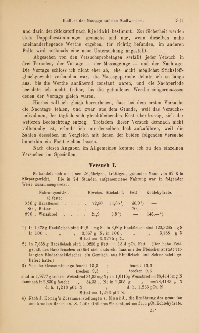 und darin der Stickstoff nach Kjeldahl bestimmt. Zur Sicherheit werden stets Doppelbestimmungen gemacht und nur, wenn dieselben nahe aneinanderliegende Werthe ergeben, für richtig befunden, im anderen Falle wird nochmals eine neue Untersuchung angestellt. Abgesehen von den Yersuchsprobetagen zerfällt jeder Versuch in drei Perioden, der Vortage — der Massagetage — und der Nachtage. Die Vortage schloss ich nicht eher ab, ehe nicht möglichst Stickstoff¬ gleichgewicht vorhanden war, die Massageperiode dehnte ich so lange aus, bis die Werthe annähernd constant waren, und die Nachperiode beendete ich nicht früher, bis die gefundenen Werthe einigermaassen denen der Vortage gleich waren. Hierbei will ich gleich hervorheben, dass bei dem ersten Versuche die Nachtage fehlen, und zwar aus dem Grunde, weil das Versuchs¬ individuum, der täglich sich gleichbleibenden Kost überdrüssig, sich der weiteren Beobachtung entzog. Trotzdem dieser Versuch demnach nicht vollständig ist, erlaube ich mir denselben doch aufzuführen, weil die Zahlen desselben im Vergleich mit denen der beiden folgenden Versuche immerhin ein Facit ziehen lassen. Nach diesen Angaben im Allgemeinen komme ich zu den einzelnen Versuchen im Speciellen. Versuch I. Es handelt sich um einen 26jährigen, kräftigen, gesunden Mann von 62 Kilo Körpergewicht. Die in 24 Stunden aufgenommene Nahrung war in folgender Weise zusammengesetzt: Nahrungsmittel. Eiweiss. Stickstoff. Fett, Kohlehydrate, a) feste: 350 g Hackfleisch .... 72,80 11,651) 46,92) — 80 „ Butter. — — 70,— — 290 „ Weissbrod .... 21,9 3,53) — 148,—4) 1) In 1,478g Hackfleisch sind 49,8 mgN; in 3,66g Hackfleisch sind 120,3265 mgN In 100 „ „ „ 3,367 g N; in 100 „ * „ 3,288 g N Mittel = 3,3275 pCt. 2) In 7,658 g Hackfleisch sind 1,0258 g Fett = 13,4 pCt. Fett. (Der hohe Fett¬ gehalt des Hackfleisches erklärt sich dadurch, dass mir der Fleischer anstatt ver¬ langten Rinderhackfleisches ein Gemisch aus Rindfleisch und Schweinefett ge¬ liefert hatte.) 3) Von der Gesammtmenge feucht 13,3 ; feucht 13,3 trocken 9,3 ; trocken 9,3 sind in 1,9777 g trocken Weissbrod 34,33 mgN; in 1,6116g Weissbrod = 28,4143 mg N demnach in2,830g feucht ,, 34,33 ,, N; in 2,305 g ,, =28,4143 ,, N d. h. 1,213 pCt. N ; d. h. 1,233 pCt. N Mittel = 1,223 pCt N. 4) Nach J. König’s Zusammenstellungen s. Munk J., die Ernährung des gesunden und kranken Menschen, S. 150: Gröberes Weizenbrod = 51,1 pCt. Kohlehydrate. 21*