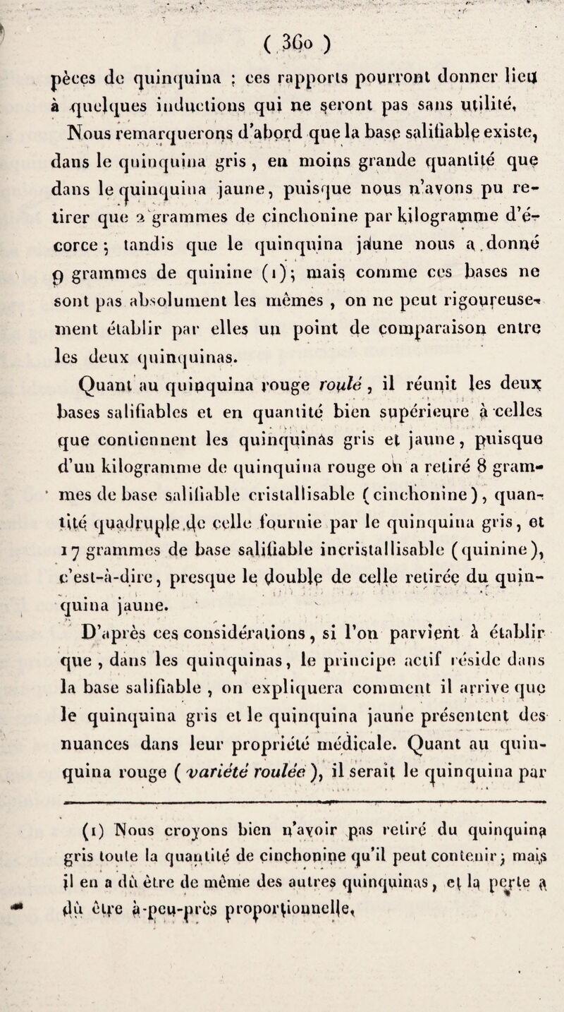 pèces do quinquina ; ces rapports pourront donner lieu à quelques inductions qui ne feront pas sans utilité, Nous remarquerons d’abord que la base saliûablp existe, dans le quinquina gris , en moins grande quantité que dans le quinquina jaune, puisque nous n’avons pu re¬ tirer que 2 grammes de cinchonine par kilogramme d’ér* corce *, tandis que le quinquina jaiune nous a.donné 9 grammes de quinine (i); mais comme ces bases no sont pas absolument les mêmes , on ne peut rigoureuse^ ment établir par elles un point de comparaison entre les deux quinquinas. Quant au quinquina rouge roulé, il réunit les deux bases salifiables et en quantité bien supérieure à celles que contiennent les quinquinas gris et jaune, puisque d’un kilogramme de quinquina rouge oit a retiré 8 gram- * mes de base saliliable cristallisable (cinchonine), quan-! tité quadruple.de celle fournie par le quinquina gris, et 17 grammes de base saliliable incristallisable (quinine), c’est-à-dire, presque le double de celle retirée du quin- -• . . '• ‘ • >! ‘ : ; ' • • *k quina jaune. D’après ces considérations, si l’on parvient à établir que , dans les quinquinas, le principe actif réside dans la base salifiable , on expliquera comment il arrive que le quinquina gris et le quinquina jaunie présentent des nuances dans leur propriété médicale. Quant au quin¬ quina rouge ( variété roulée ), il serait le quinquina par (1) Nous croyons bien ifayoir pas retiré du quinquina gris toute la quantité de cinchonine qu’il peut contenir j, mais jl en a du être de même des autres quinquinas, et la perle a du êqe à-peu-près proportionnelle,