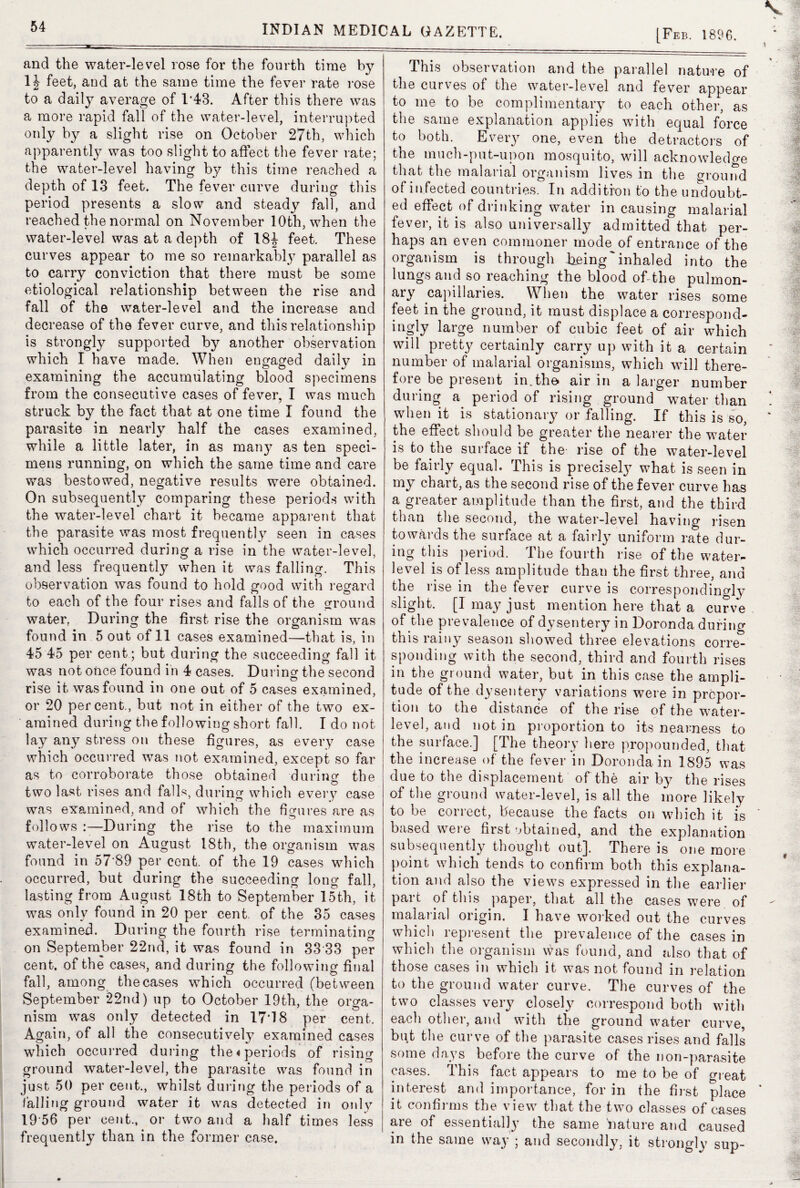 54 [Feb. 1896. and the water-level rose for the fourth time b}^ 1J feet, and at the same time the fever rate rose to a daily average of 1*43. After this there was a more rapid fall of the water-level, interrupted only by a slight rise on October 27th, which apparently was too slight to affect the fever rate; the water-level having by this time reached a depth of 13 feet. The fever curve during this period presents a slow and steady fall, and reached the normal on November 10th, when the water-level was at a depth of 18J feet. These curves appear to me so remarkably parallel as to carry conviction that there must be some etiological relationship between the rise and fall of the water-level and the increase and decrease of the fever curve, and this relationship is strongly supported by another observation which I have made. When engaged daily in examining the accumulating blood specimens from the consecutive cases of fever, I was much struck by the fact that at one time I found the parasite in nearly half the cases examined, while a little later, in as many as ten speci¬ mens running, on which the same time and care was bestowed, negative results were obtained. On subsequently comparing these periods with the water-level chart it became apparent that the parasite was most frequently seen in cases which occurred during a rise in the water-level, and less frequently when it was falling. This observation was found to hold good with regard to each of the four rises and falls of the ground water, During the first rise the organism was found in 5 out of 11 cases examined—that is, in 45 45 per cent ; but during the succeeding fall it was not once found in 4 cases. During the second rise it was found in one out of 5 cases examined, or 20 percent., but not in either of the two ex¬ amined during the following short fall. I do not lay any stress on these figures, as every case which occurred was not examined, except so far as to corroborate those obtained during the two last rises and falls, during which every case was examined, and of which the figures are as follows During the rise to the maximum water-level on August 18th, the organism was found in 57*89 per cent, of the 19 cases which occurred, but during the succeeding long fall, lasting from August 18th to September 15th, it was only found in 20 per cent, of the 35 cases examined. During the fourth rise terminating on September 22nd, it was found in 33 33 per cent, of the cases, and during the following final fall, among the cases which occurred (between September 22nd) up to October 19th, the orga¬ nism was only detected in 17*18 per cent. Again, of all the consecutively examined cases which occurred during the«periods of rising ground water-level, the parasite was found in just 50 per cent., whilst during the periods of a falling ground water it was detected in only 19 56 per cent., or two and a half times less frequently than in the former case. This observation and the parallel nature of the curves of the water-level and fever appear to me to be complimentary to each other, as the same explanation applies with equal force to both. Every one, even the detractors of the mueh-put-upon mosquito, will acknowledge that the malarial organism lives in the ground of infected countries. In addition to the undoubt¬ ed effect of drinking water in causing malarial fever, it is also universally admitted that per¬ haps an even commoner mode of entrance of the organism is through being'inhaled into the lungs and so reaching the blood of the pulmon¬ ary capillaries. When the water rises some feet in the ground, it must displace a correspond¬ ingly large number of cubic feet of air which will pretty certainly carry up with it a certain number of malarial organisms, which will there¬ fore be present in.tho air in a larger number during a period of rising ground water than when it is stationary or falling. If this is so, the effect should be greater the nearer the water is to the surface if the rise of the water-level be fairly equal. This is precisely what is seen in my chart, as the second rise of the fever curve has a greater amplitude than the first, and the third than the second, the water-level having risen towards the surface at a fairly uniform rate dur¬ ing this period. The fourth rise of the water- level is of less amplitude than the first three, and the rise in the fever curve is correspondingly slight. [I may just mention here that a curve of the prevalence of dysentery in Doronda during this rainy season showed three elevations corre¬ sponding with the second, third and fourth rises in the ground water, but in this case the ampli¬ tude of the dysentery variations were in propor¬ tion to the distance of the rise of the water- level, and not in proportion to its nearness to the surface.] [The theory here propounded, that the increase of the fever in Doronda in 1895 was due to the displacement of the air by the rises of the ground water-level, is all the more likely to be correct, because the facts on which it is based were first obtained, and the explanation subsequently thought out,]. There is one more point which tends to confirm both this explana¬ tion and also the views expressed in the earlier part of this paper, that all the cases were of malarial origin. I have worked out the curves which represent the prevalence of the cases in which the organism was found, and also that of those cases in which it was not found in relation to the ground water curve. The curves of the two classes very closely correspond both with each other, and with the ground water curve, but the curve of the parasite cases rises and falls some days before the curve of the non-parasite cases. This fact appears to me to be of great interest and importance, for in the first place it confirms the view that the two classes of cases are of essentially the same nature and caused in the same way ; and secondly, it strongly sup-