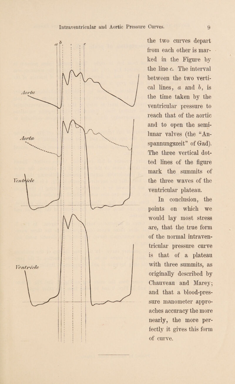 the two curves depart from each other is mar¬ ked in the Figure by the line c. The interval between the two verti¬ cal lines, a and b7 is the time taken by the ventricular pressure to reach that of the aortic and to open the semi¬ lunar valves (the “An- spannungszeit” of Gad). The three vertical dot¬ ted lines of the figure mark the summits of the three waves of the ventricular plateau. In conclusion, the points on which we would lay most stress are, that the true form of the normal intraven¬ tricular pressure curve is that of a plateau with three summits, as originally described by Chauveau and Marey; and that a blood-pres¬ sure manometer appro¬ aches accuracy the more nearly, the more per¬ fectly it gives this form of curve.