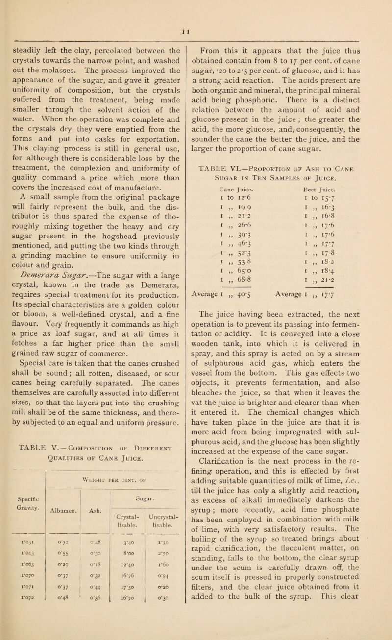 steadily left the clay, percolated between the crystals towards the narrow point, and washed out the molasses. The process improved the appearance of the sugar, and gave it greater uniformity of composition, but the crystals suffered from the treatment, being made smaller through the solvent action of the water. When the operation was complete and the crystals dry, they were emptied from the forms and put into casks for exportation. This claying process is still in general use, for although there is considerable loss by the treatment, the complexion and uniformity of quality command a price which more than covers the increased cost of manufacture. A small sample from the original package will fairly represent the bulk, and the dis¬ tributor is thus spared the expense of tho¬ roughly mixing together the heavy and dry sugar present in the hogshead previously mentioned, and putting the two kinds through a grinding machine to ensure uniformity in colour and grain. Demerara Sugar.—The sugar with a large crystal, known in the trade as Demerara, requires special treatment for its production. Its special characteristics are a golden colour or bloom, a well-defined crystal, and a fine flavour. Very frequently it commands as high a price as loaf sugar, and at all times it fetches a far higher price than the small grained raw sugar of commerce. Special care is taken that the canes crushed shall be sound; all rotten, diseased, or sour canes being carefully separated. The canes themselves are carefully assorted into different sizes, so that the layers put into the crushing mill shall be of the same thickness, and there¬ by subjected to an equal and uniform pressure. TABLE V. — Composition of Different Qualities of Cane Juice. Specific Gravity. W EIGHT PER CENT. OF Albumen. Ash. Sugar. Crystal- lisable. Uncrystal- lisable. 1-031 0-71 0 48 3'40 1-30 1'°43 °'55 0-30 8oo 2-50 1-063 0-29 oi8 12-40 i‘6o 1-070 °’37 0-32 16-76 0-24 1-071 °‘37 0-44 i7‘3«> 0-20 1-072 0-48 0-36 16-70 0-30 From this it appears that the juice thus obtained contain from 8 to 17 per cent, of cane sugar, '20 to 2 '5 per cent, of glucose, and it has a strong acid reaction. The acids present are both organic and mineral, the principal mineral acid being phosphoric. There is a distinct relation between the amount of acid and glucose present in the juice ; the greater the acid, the more glucose, and, consequently, the sounder the cane the better the juice, and the larger the proportion of cane sugar. TABLE VI.—Proportion of Ash to Cane Sugar in Ten Samples of Juice. Cane Juice, I to 12-6 I „ 199 I ,, 21-2 1 ,, 26*6 I „ 39'3 I „ 46'3 I „ 52-3 i „ 53'8 1 ,, 65-0 1 ,, 68-8 Average 1 ,, 40-5 Beet Juice. I to 157 I „ 16-3 1 ,, 16-8 1 ,, 17-6 1 „ 17-6 1 „ V7 1 ,, 17-8 1 „ 18-2 1 „ 18-4 I ,, 21'2 Average 1 ,, 177 The juice having been extracted, the next operation is to prevent its passing into fermen¬ tation or acidity. It is conveyed into a close wooden tank, into which it is delivered in spray, and this spray is acted on by a stream of sulphurous acid gas, which enters the vessel from the bottom. This gas effects two objects, it prevents fermentation, and also bleaches the juice, so that when it leaves the vat the juice is brighter and clearer than when it entered it. The chemical changes which have taken place in the juice are that it is more acid from being impregnated with sul¬ phurous acid, and the glucose has been slightly increased at the expense of the cane sugar. Clarification is the next process in the re¬ fining operation, and this is effected by first adding suitable quantities of milk of lime, i.e., till the juice has only a slightly acid reaction, as excess of alkali immediately darkens the syrup ; more recently, acid lime phosphate has been employed in combination with milk of lime, with very satisfactory results. The boiling of the syrup so treated brings about rapid clarification, the flocculent matter, on standing, falls to the bottom, the clear syrup under the scum is carefully drawn off, the scum itself is pressed in properly constructed filters, and the clear juice obtained from it added to the bulk of the syrup. This clear