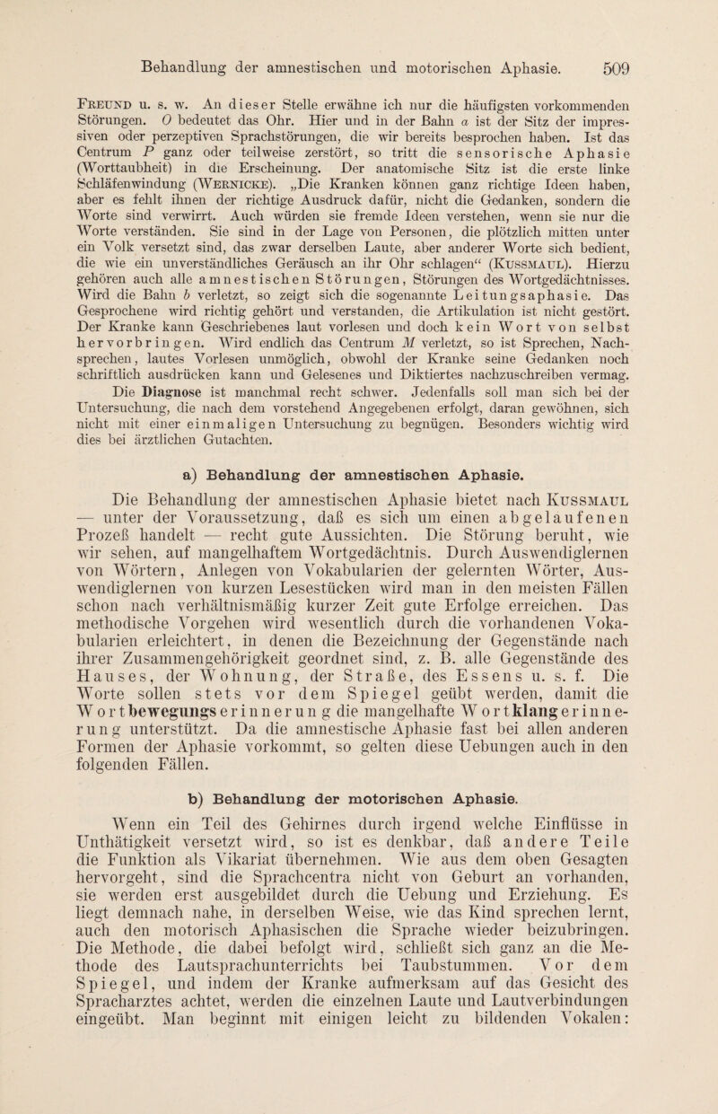 Freund u. s. w. An dieser Stelle erwähne ich nur die häufigsten vorkommenden Störungen. 0 bedeutet das Ohr. Hier und in der Bahn a ist der Sitz der impres- siven oder perzeptiven Sprachstörungen, die wir bereits besprochen haben. Ist das Centrum P ganz oder teilweise zerstört, so tritt die sensorische Aphasie (Worttaubheit) in die Erscheinung. Der anatomische Sitz ist die erste linke Schläfen Windung (Wernicke). „Die Kranken können ganz richtige Ideen haben, aber es fehlt ihnen der richtige Ausdruck dafür, nicht die Gedanken, sondern die Worte sind verwirrt. Auch würden sie fremde Ideen verstehen, wenn sie nur die Worte verständen. Sie sind in der Lage von Personen, die plötzlich mitten unter ein Volk versetzt sind, das zwar derselben Laute, aber anderer Worte sich bedient, die wie ein unverständliches Geräusch an ihr Ohr schlagen^‘ (Kussmaul). Hierzu gehören auch alle amnestischen Störungen, Störungen des Wortgedächtnisses. Wird die Bahn b verletzt, so zeigt sich die sogenannte Leitungsaphasie. Das Gesprochene wird richtig gehört und verstanden, die Artikulation ist nicht gestört. Der Kranke kann Geschriebenes laut vorlesen und doch kein Wort von selbst hervorbringen. Wird endlich das Centrum M verletzt, so ist Sprechen, Nach¬ sprechen, lautes Vorlesen unmöglich, obwohl der Kranke seine Gedanken noch schriftlich ausdrücken kann und Gelesenes und Diktiertes nachzuschreiben vermag. Die Diagnose ist manchmal recht schwer. Jedenfalls soll man sich bei der Untersuchung, die nach dem vorstehend Angegebenen erfolgt, daran gewöhnen, sich nicht mit einer einmaligen Lhitersuchung zu begnügen. Besonders wichtig wird dies bei ärztlichen Gutachten. a) Behandlung der amnestischen Aphasie. Die Behandlung der amnestischen Aphasie bietet nach Kussmaul — unter der Voraussetzung, daß es sich um einen ab gelaufenen Prozeß handelt — recht gute Aussichten. Die Störung beruht, wie wir sehen, auf mangelhaftem Wortgedächtnis. Durch Auswendiglernen von Wörtern, Anlegen von Vokabularien der gelernten Wörter, Aus¬ wendiglernen von kurzen Lesestücken wird man in den meisten Fällen schon nach verhältnismäßig kurzer Zeit gute Erfolge erreichen. Das methodische Vorgehen wird wesentlich durch die vorhandenen Voka¬ bularien erleichtert, in denen die Bezeichnung der Gegenstände nach ihrer Zusammengehörigkeit geordnet sind, z. B. alle Gegenstände des Hauses, der Wohnung, der Straße, des Essens u. s. f. Die Worte sollen stets vor dem Spiegel geübt werden, damit die Wort beweguiigs e r i n n e r u n g die mangelhafte Wort klang e r i n n e- r u n g unterstützt. Da die amnestische Aphasie fast bei allen anderen Eormen der Aphasie vorkommt, so gelten diese Uebungen auch in den folgenden Fällen. b) Behandlung der motorischen Aphasie. Wenn ein Teil des Gehirnes durch irgend welche Einflüsse in Unthätigkeit versetzt wird, so ist es denkbar, daß andere Teile die Funktion als Vikariat übernehmen. Wie aus dem oben Gesagten hervorgeht, sind die Sprachcentra nicht von Geburt an vorhanden, sie werden erst ausgebildet durch die Uebung und Erziehung. Es liegt demnach nahe, in derselben Weise, wie das Kind sprechen lernt, auch den motorisch Aphasischen die Sprache wieder beizubringen. Die Methode, die dabei befolgt wird, schließt sich ganz an die Me¬ thode des Lautsprachunterrichts bei Taubstummen. Vor dem Spiegel, und indem der Kranke aufmerksam auf das Gesicht des Spracharztes achtet, werden die einzelnen Laute und Lautverbindungen ein geübt. Man beginnt mit einigen leicht zu bildenden Vokalen: