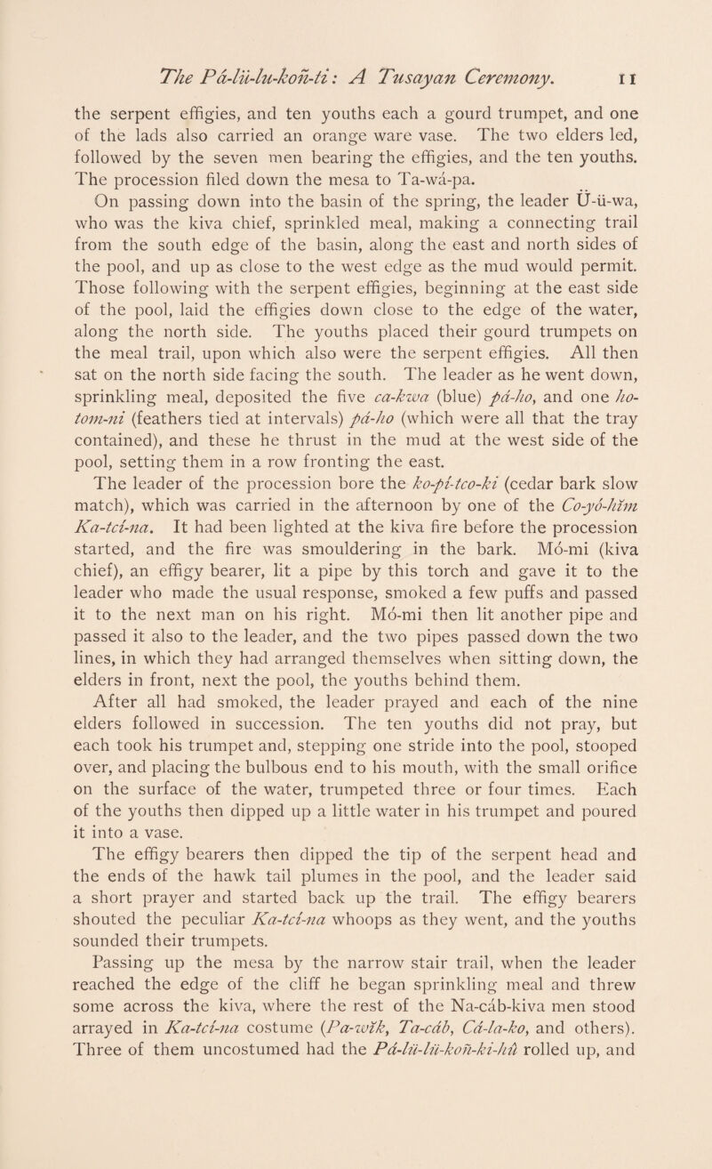 the serpent effigies, and ten youths each a gourd trumpet, and one of the lads also carried an orange ware vase. The two elders led, followed by the seven men bearing the effigies, and the ten youths. The procession filed down the mesa to Ta-wa-pa. On passing down into the basin of the spring, the leader U-ii-wa, who was the kiva chief, sprinkled meal, making a connecting trail from the south edge of the basin, along the east and north sides of the pool, and up as close to the west edge as the mud would permit. Those following with the serpent effigies, beginning at the east side of the pool, laid the effigies down close to the edge of the water, along the north side. The youths placed their gourd trumpets on the meal trail, upon which also were the serpent effigies. All then sat on the north side facing the south. The leader as he went down, sprinkling meal, deposited the five ca-kwa (blue) pd-ho, and one ho- tom-ni (feathers tied at intervals) pd-ho (which were all that the tray contained), and these he thrust in the mud at the west side of the pool, setting them in a row fronting the east. The leader of the procession bore the ko-pi-tco-ki (cedar bark slow match), which was carried in the afternoon by one of the Co-yo-him Ka-tci-na. It had been lighted at the kiva fire before the procession started, and the fire was smouldering in the bark. Mo-mi (kiva chief), an effigy bearer, lit a pipe by this torch and gave it to the leader who made the usual response, smoked a few puffs and passed it to the next man on his right. Mo-mi then lit another pipe and passed it also to the leader, and the two pipes passed down the two lines, in which they had arranged themselves when sitting down, the elders in front, next the pool, the youths behind them. After all had smoked, the leader prayed and each of the nine elders followed in succession. The ten youths did not pray, but each took his trumpet and, stepping one stride into the pool, stooped over, and placing the bulbous end to his mouth, with the small orifice on the surface of the water, trumpeted three or four times. Each of the youths then dipped up a little water in his trumpet and poured it into a vase. The effigy bearers then dipped the tip of the serpent head and the ends of the hawk tail plumes in the pool, and the leader said a short prayer and started back up the trail. The effigy bearers shouted the peculiar Ka-tci-na whoops as they went, and the youths sounded their trumpets. Passing up the mesa by the narrow stair trail, when the leader reached the edge of the cliff he began sprinkling meal and threw some across the kiva, where the rest of the Na-cab-kiva men stood arrayed in Ka-tci-na costume (Pa-wih, Ta-cab, Cd-la-ko, and others). Three of them uncostumed had the Pa-lii-lii-kon-ki-hu rolled up, and