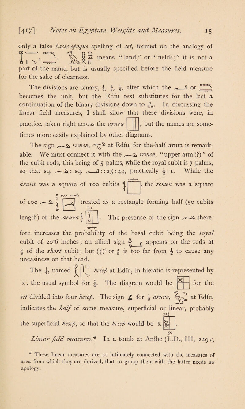 only a false basse-epoque spelling of set, formed on the analogy of <3 ■- -j cxr>^ s means “land,” or “fields;” it is not a I \> part of the name, but is usually specified before the field measure for the sake of clearness. The divisions are binary, J, J, after which the ^_fl or becomes the unit, but the Edfu text substitutes for the last a continuation of the binary divisions down to ~. In discussing the linear field measures, I shall show that these divisions were, in practice, taken right across the arura , but the names are some¬ times more easily explained by other diagrams. The sign ^ remen, at Edfu, for the half arura is remark¬ able. We must connect it with the remen, “upper arm (?) ” of the cubit rods, this being of 5 palms, while the royal cubit is 7 palms, so that sq. ^ : sq. _fl: 125 149, practically J: 1. While the arura was a square of 100 cubits | Of IOO O IOO O , the remen was a square 1 treated as a rectangle forming half (50 cubits 50 length) of the arura | ^ The presence of the sign ^ there¬ fore increases the probability of the basal cubit being the royal cubit of 20*6 inches; an allied sign ^^ appears on the rods at -f of the short cubit; but (f)2 or f- is too far from to cause any uneasiness on that head. The J, named ^ 1 ^ hesep at Edfu, in hieratic is represented by x, the usual symbol for The diagram would be PtH for the set divided into four hesep. The sign £ for J arura, at Edfu, indicates the half of some measure, superficial or linear, probably 25? the superficial hesep, so that the hesep would be S, 50 Linear field measures.* In a tomb at Anibe (L.D., III, 229 c, * These linear measures are so intimately connected with the measures of area from which they are derived, that to group them with the latter needs no apology.