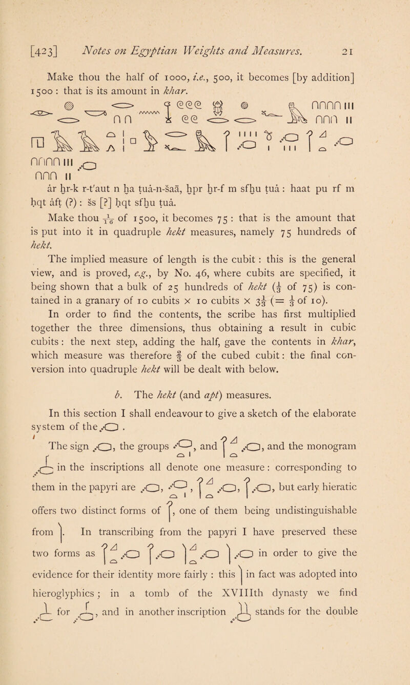 Make thou the half of 1000, i.e., 500, it becomes [by addition] 1500 : that is its amount in khar. ^WW\ nnnn m nnn n ^ ,0 nnnn m o0 nnn n ’’ ar hr-k r-t'aut n ha tua-n-saa, hpr hr-f m sfhu tua : haat pu rf m hqt aft (?): ss [?] hqt sfhu tua. Make thou T~ of 1500, it becomes 75 : that is the amount that is put into it in quadruple hekt measures, namely 75 hundreds of hekt. The implied measure of length is the cubit : this is the general view, and is proved, eg., by No. 46, where cubits are specified, it being shown that a bulk of 25 hundreds of hekt of 75) is con¬ tained in a granary of 10 cubits x 10 cubits x 3^ (= ^ of 10). In order to find the contents, the scribe has first multiplied together the three dimensions, thus obtaining a result in cubic cubits : the next step, adding the half, gave the contents in khar, which measure was therefore § of the cubed cubit: the final con¬ version into quadruple hekt will be dealt with below. b. The hekt (and apt) measures. In this section I shall endeavour to give a sketch of the elaborate system of theo.°0 • The sign tOj the groups .“O, and | 6.»0> and the monogram r I I <3 in the inscriptions all denote one measure : corresponding to them in the papyri are 5 , T ^ ..°0 > | /O > but early hieratic ^ i ! I offers two distinct forms of \ o , one of them being undistinguishable from In transcribing from the papyri I have preserved these two forms as xl „°°o ZJ -O .•O in order to give the evidence for their identity more fairly : this j in fact was adopted into hieroglyphics; in a tomb of the XVIIIth dynasty we find for ^, and in another inscription ^ stands for the double