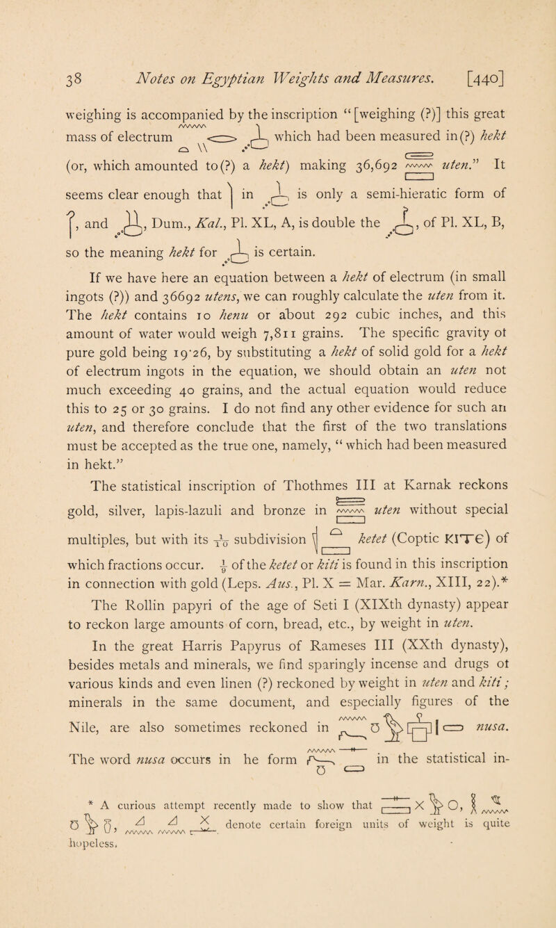 weighing is accompanied by the inscription “[weighing (?)] this great /vww\ *s mass of electrum <—-> which had been measured in(?) hekt ( = > utend \\ (or, which amounted to(?) a hekt) making 36,692 mama ' 1 1=3 it seems clear enough that in m is only a semi-hieratic form of r , and Bum., Kal., PL XL, A, is double the of PI. XL, B, so the meaning hekt for cr-L; is certain. If we have here an equation between a hekt of electrum (in small ingots (?)) and 36692 utens, we can roughly calculate the uten from it. The hekt contains 10 henu or about 292 cubic inches, and this amount of water would weigh 7,811 grains. The specific gravity ot pure gold being i9'26, by substituting a hekt of solid gold for a hekt of electrum ingots in the equation, we should obtain an uten not much exceeding 40 grains, and the actual equation would reduce this to 25 or 30 grains. I do not find any other evidence for such an uten, and therefore conclude that the first of the two translations must be accepted as the true one, namely, “ which had been measured in hekt.” The statistical inscription of Thothmes III at Karnak reckons > — > gold, silver, lapis-lazuli and bronze in pvww uten without special multiples, but with its do subdivision i ° ketet (Coptic KiTe) of which fractions occur, -t- of the ketet or kiti is found in this inscription in connection with gold (Leps. Aus., PI. X = Mar. Karn., XIII, 22).* The Rollin papyri of the age of Seti I (XIXth dynasty) appear to reckon large amounts of corn, bread, etc., by weight in uten. In the great Harris Papyrus of Rameses III (XXth dynasty), besides metals and minerals, we find sparingly incense and drugs ot various kinds and even linen (?) reckoned by weight in uten and kiti; minerals in the same document, and especially figures of the /WVSAA V - Nile, are also sometimes reckoned in G vb |r—d [ c= nusa. The word nusa occurs in he form O in the statistical in- hopeless. A curious attempt recently made to show that X o, X X A'VvVSA /VWW\ tT /WvW' (5 denote certain foreign units of weight is quite