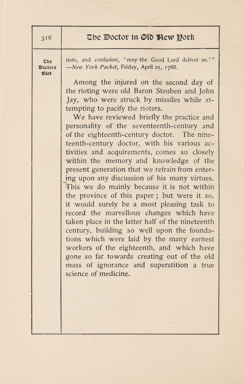 Cbe IDoctors IfUot riots, and confusion, {may the Good Lord deliver us.’” —New York Packet, Friday, April 25, 1788. Among the injured on the second day of the rioting were old Baron Steuben and John Jay, who were struck by missiles while at¬ tempting to pacify the rioters. We have reviewed briefly the practice and personality of 'the seventeenth-century and of the eighteenth-century doctor, fhe nine¬ teenth-century doctor, with his various ac¬ tivities and acquirements, comes so closely within the memory and knowledge of the present generation that we refrain from enter¬ ing upon any discussion of his many virtues. This we do mainly because it is not within the province of this paper ; but were it so, it would surely be a most pleasing task to record the marvellous changes which have taken place in the latter half of the nineteenth century, building so well upon the founda¬ tions which were laid by the many earnest workers of the eighteenth, and which have gone so far towards creating out of the old mass of ignorance and superstition a true science of medicine.