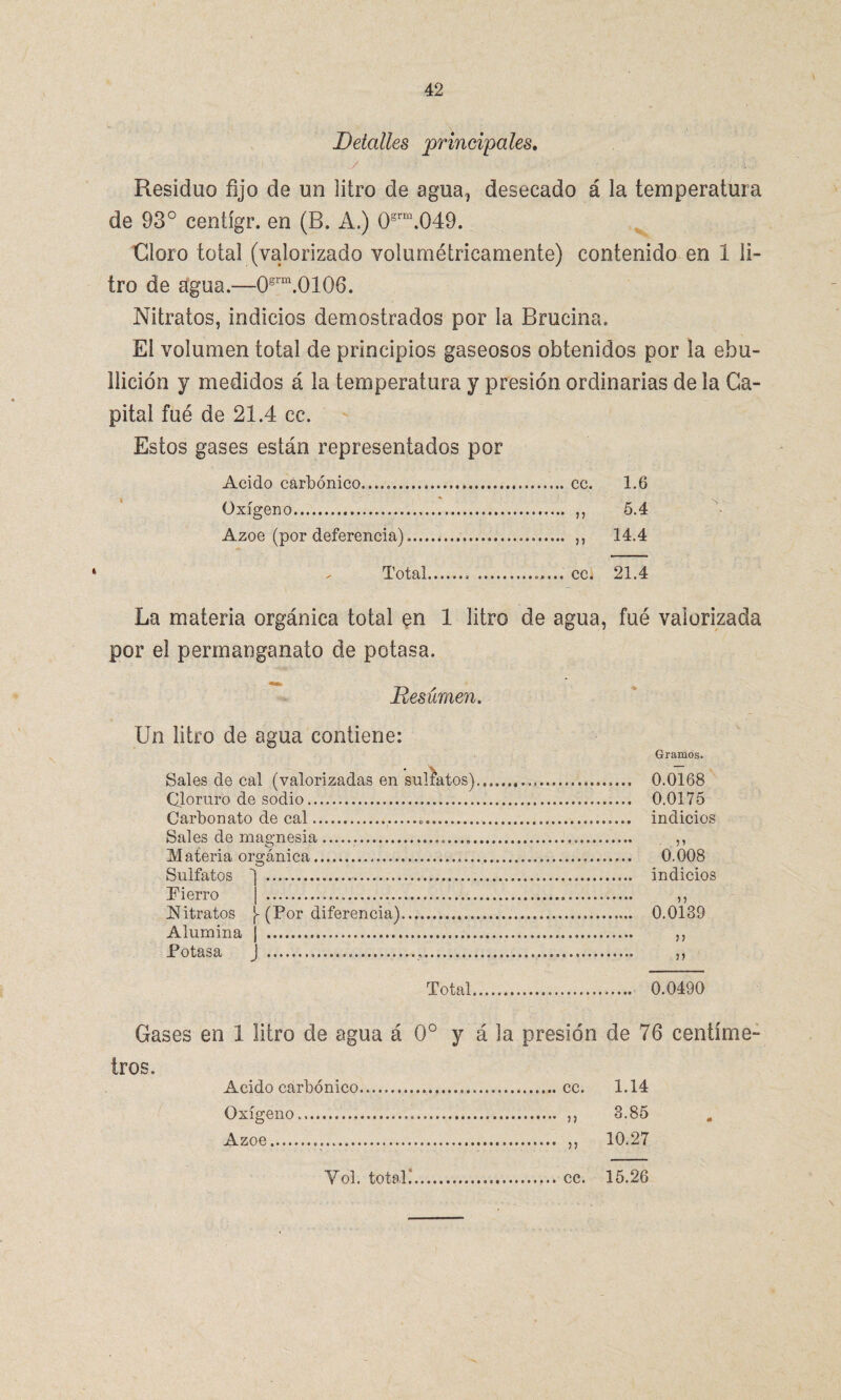Detalles principales» Residuo fijo de un litro de agua, desecado á la temperatura de 93° centígr. en (B. A.) 0srm.049. Cloro total (valorizado volumétricamente) contenido en i li¬ tro de agua.—0srm.0106. Nitratos, indicios demostrados por la Brucina. El volumen total de principios gaseosos obtenidos por la ebu¬ llición y medidos á la temperatura y presión ordinarias de la Ca¬ pital fué de 21.4 cc. Estos gases están representados por Acido carbónico......cc. 1.6 Oxígeno. ,, 5.4 Azoe (por deferencia).. ,, 14.4 - Total.. .. cc. 21.4 La materia orgánica total en 1 litro de agua, fué valorizada por el permanganato de potasa. jResumen. Un litro de agua contiene: Gramos. Sales de cal (valorizadas en suliatos). 0.0168 Cloruro de sodio. 0.0175 Carbonato de cal. indicios Sales de magnesia..... . ,, M atería orgánica.... 0.008 Sulfatos . indicios Fierro | . ,, ^Nitratos (Por diferencia). 0.0139 Alumina | . ,, Potasa J . ,, Total. 0.0490 Gases en 1 litro de agua á 0o y á la presión de 76 centíme¬ tros. Acido carbónico.cc. 1.14 Oxígeno.. ,, 3.85 Azoe... ,, 10.27 Yol. total! cc. 15.26