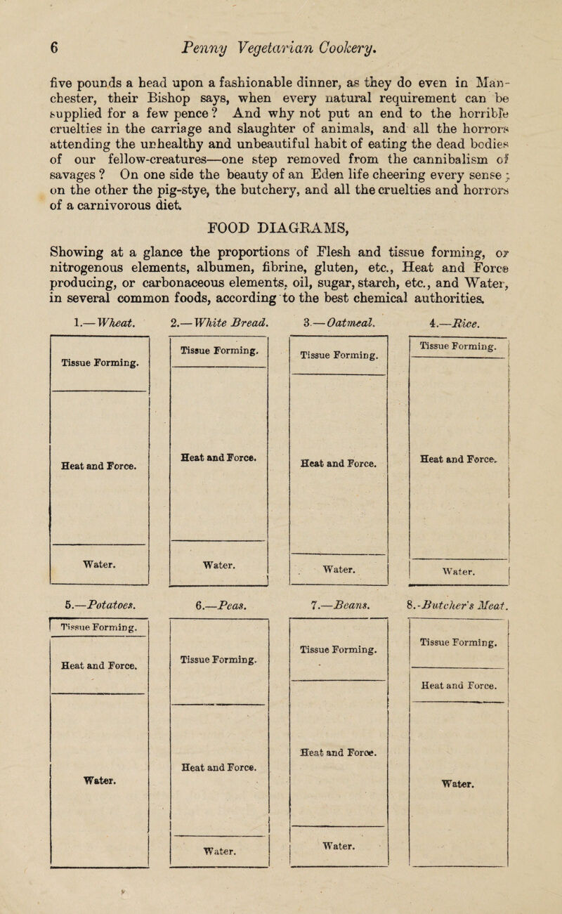 five pounds a head upon a fashionable dinner, as they do even in Man- chester, their Bishop says, when every natural requirement can be supplied for a few pence ? And why not put an end to the horrible cruelties in the carriage and slaughter of animals, and all the horrors attending the unhealthy and unbeautiful habit of eating the dead bodies of our fellow-creatures—one step removed from the cannibalism of savages ? On one side the beauty of an Eden life cheering every sense; on the other the pig-stye, the butchery, and all the cruelties and horrors of a carnivorous diet. FOOD DIAGRAMS, Showing at a glance the proportions of Flesh and tissue forming, or nitrogenous elements, albumen, fibrine, gluten, etc., Heat and Fore© producing, or carbonaceous elements, oil, sugar, starch, etc., and Water, in several common foods, according to the best chemical authorities. 1.— Wheat. 2.— White Bread. 3.—Oatmeal. 4.—Bice. Tissue Forming. Tissue Forming. Tissue Forming. Tissue Forming. —- L j Heat and Force. Heat and Force. Heat and Force. Heat and Force. Water. Water. - ■ Water. Water. 1 5.—Potatoes. 6.—Peas. 7.—Beans. 8.-Butcher's Meat.
