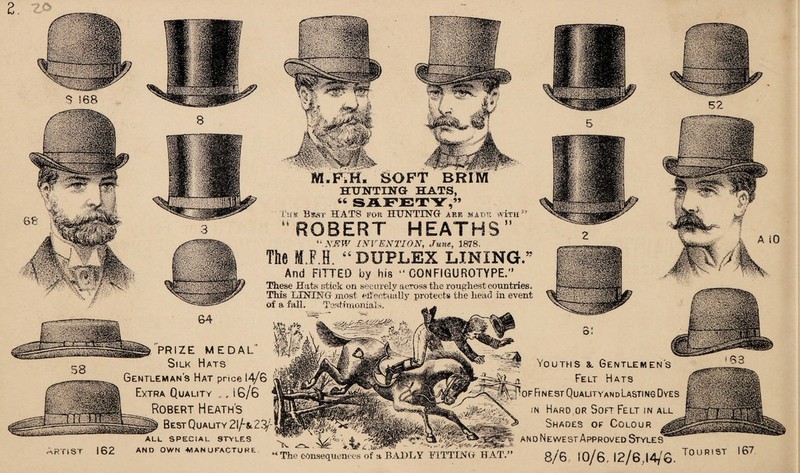 KB* SOFT BRIM HUNTING HATS, Vim Iks'f HATS for HUNTING are mads wira *' “ROBERT HEATHS” 41 NNW INVENTION, June, 1878, The M.F.H. “DUPLEX LINING.” And FITTED by his  CONFIGUROTYPE.” These Hats stick on securely across the roughest countries. This LINING most effectually protects the head in event of a fall. Testimonials. . . 'ssmm PRIZE MEDAL Silk Hats Gentleman's Hat price 14/6 Extra Quality „ „ i 6/6 __ Robert Heath's Best Quality 2I/-&.23/ all special styles and own -manufacture. asm ' Youths &. Gentlemen's Felt Hats !of Ft n est Qualityand Lasti ng Dyes in Hard or Soft Felt in all Shades of Colour and Newest Approved Style s®**2 8/6,. 10/6, 12/6,14/0. T0UR,ST BADLY FITTING HAT •v The consequences of a y:: 111