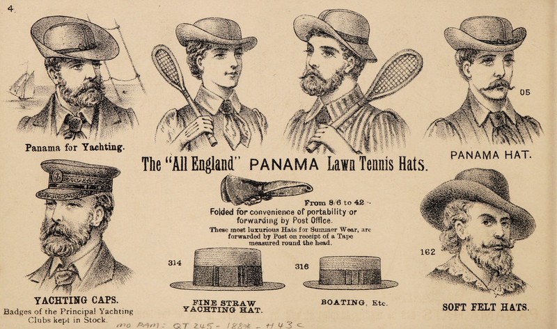 Panama for Yachting PANAMA HAT The “All England” panama Lawn Tennis Hats From 8/6 to 42 • Folded tor convenience of portability or forwarding by Post Office. These most luxurious Hats for Summer Wear, are forwarded by Post on receipt of a Tape measured round the head. r**;»*. YACHTING CAPS. Badges of the Principal Yachting Clubs kept in Stock. SOFT FELT HATS