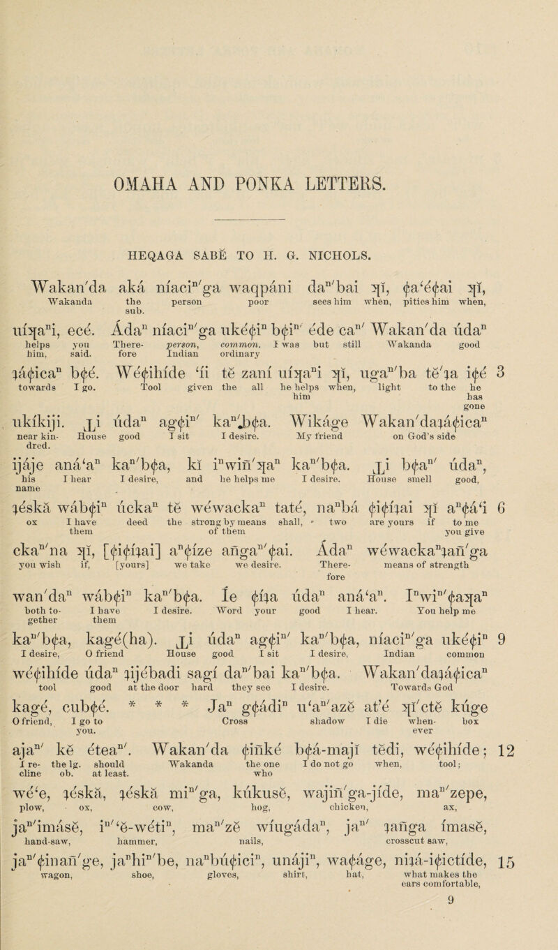 HEQAGA SABE TO H. G. NICHOLS. Wakan'da aka macin/ga waqpani dan/bai <fa‘d<j^ai }p, Wakauda the sub. person poor sees him when, pities him when, ui5[ani, ece helps him. you said. Ada11 macin/ga uke<(dn b(jdn' ede caJl/ Wakan'da uda11 There- person, common, I was hut still Wakanda good fore Indian ordinary ^a<jdcan b<£e. towards I go. Wdtjdhide Hi te zani ui^aDi qi, ugan/ba teba ife Tool given the all he helps when, light to the he him has gone iikikiji. jp uda11 agfiin/ kan/Jxf}a. Wikage Wakan'datatjdca11 near kin- House good I sit I desire. My friend on God’s side dred. ijaje ana‘an kan/b(^a, ki PwiflAja11 kan/b<fa. j i b(Jnu/ iidan, his name I hear I desire, and he helps me I desire. House smell good, ^dska wab<£in ucka11 te wewacka11 tat A nanba <^Rai an<^a/i ox I have deed the strong by means shall, - two are yours if tome them of them you give ckan/na qi, [(Jd<£4ai] an(£ize angaD/<£ai. Ada11 wdwackaHarl'ga you wish if, [yours] we take we desire. There- means of strength fore wan'da11 wab<fin kan/b<fa. le a iidan ana‘an. Inwin/<^a:qan both to- I have I desire. Word your good I hear. You help me gether them ka^'b^a, kage(ha). j^i uda11 ag<jdn/ kan/b<^a, macin/ga uke'<Jdn I desire, O friend House good 1 sit I desire, Indian common we<jdhide uda11 pjebadi sag! dan/bai kan/b<j}a. Wakan'datatjdca11 tool good at the door hard they see I desire. Towards God Jan g<fadin iPan/aze at’e qi/cte kiige Cross shadow I die when- box ever ajan/ ke etean/. Wakan'da <finkd btfa-maji tedi, we^ihide; Ire- the lg. should Wakanda the one I do not go when, tool; cline ob. at least. who we‘e, ^eska, ^eska min'ga, kiikuse, wajin'ga-jide, man'zepe, plow, ox, cow, hog, chicken, ax, jan'imase, in'‘e-wetin, man'ze wiugada11, jan' ^anga imase, hand-saw, hammer, nails, crosscut saw, jan'<finan'ge, janhin'be, nanbu<Jdcin, unajin, wa^age, nba-i<£ictide, wagon, shoe, gloves, shirt, hat, what makes the ears comfortable, 9 kage, cub<fe. O friend, I go to * * * you.