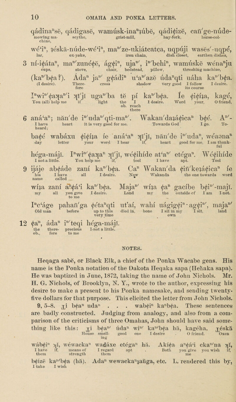 qadinaBse, qadigase, wamusk4naBpobe, qadi(j>ize, caAge-nude- mowing ma- scythe, grist-mill, hay-fork, horse-col- chine, wAiB, Aska-niide-wAin, maB/ze-ukiatcatca, uqpuji wases'-uqpd, lar, ox-yoke, iron chain, dish closet, earthen dishes, m-i$atan, maB/zune^e, ag<^iB, ujaB/, iB/behiB, wamiiske wbnaBju caps, stove, chair, bedstead, pillow, threshing machine, (kan/b(fa?). AdaB jaB/ g<j5adin u‘aB/aze iidaBqti nalia kaB/b<fa. (I desire). There- cross shadow very good I follow I desire, fore ’ its course IDwin/^a}[an/i ^bji ugan/ba te pi kaB/b<£a. Ie kagd, You (all) help me if light the I I desire. Word your, 0 friend, ob. reach there ana‘an; naAde in/udan/qti-maB/. WakaAdafa<fican b<j^. AB/- I have heart it is very good for me. Towards God I go. To- heard ; ba<j^ wabaxu ie ana/aB ip'ji, naAde iB/udaB, weaonaB day letter your word I hear if, heart good for me, I am thank¬ ful lAga-maji. IBwiB/(^a5|aB qiji, we<fihide at‘aB/ etegaB. Wt^ihide I not a little. You help me if, tool I have apt. Tool ijaje abrade zam kaB/b$a. CaB WakaAda <j;iAketa(ficaB ie his I have all I desire. Now Wakanda the one towards word name called * wfya zam a11 (pad kan/b(f?a. MajaB/ wifa <faB gacibe b<fiB/-maji. my all you give I desire. Land my the outside of I am I-not. to me PVage pahaAga ^taBqti ufai, wahi uagig<jdB* ag(fiB', maja1 Old man before up to this died in, bone I sit in my I sit, land very time own <£aB, adaB iB/teqi hega-majl. the there- precious I-not a little, ob., fore to me n/ NOTES. Heqaga sabe, or Black Elk, a chief of the Ponka Wacabe gens. His name is the Ponka notation of the Dakota Heqaka sapa (Hehaka sapa). He was baptized in June, 1872, taking the name of John Nichols. Mr. H. Gr. Nichols, of Brooklyn, N. Y., wrote to the author, expressing his desire to make a present to his Ponka namesake, and sending twenty- five dollars for that purpose. This elicited the letter from John Nichols. 9, 5-8. Lji b<fan udan . . . wab<j*in kanb<pa. These sentences are badly constructed. Judging from analogy, and also from a com¬ parison of the criticisms of three Omahas, John should have said some¬ thing like this: j;i b<fan/ udan win/ kan/b<fa ha, kageha, jrSskS House smell- good oue I desire . 0 friend. Oxen ing wab<fin >p, wewacka11 wadaxe etegan ha. I have if, means of I regard apt them strength them Aki(pa an<fAi ckan/na 5ji, Both you give you wish if, me txpize kan/b<pa (ha). Ada11 wewackau^ahga, etc. L. rendered this by, I take I wish