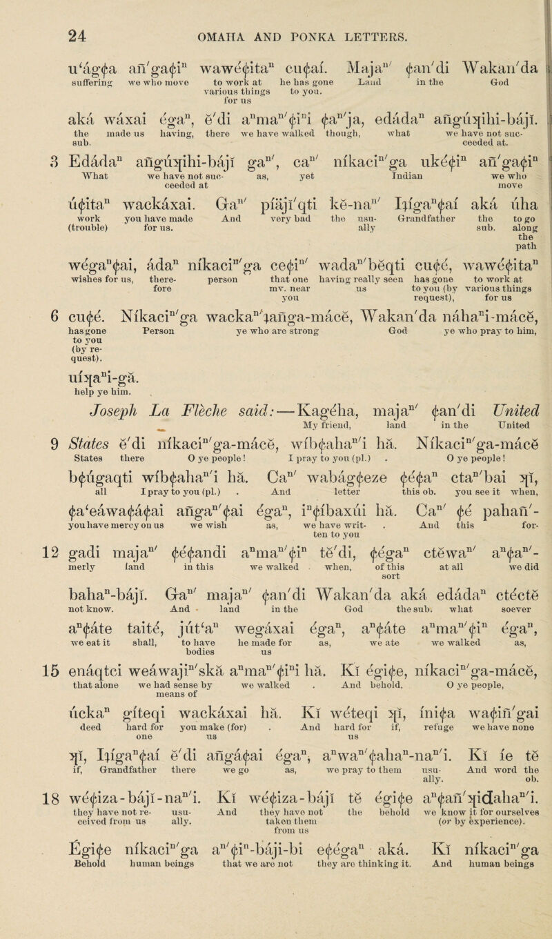 u‘ag<fa an'gatfi11 wawetfita11 cutfai. Majan/ <^an/di Wakaikda suffering we who move to work at he has gone Land in the God various things to you. for us aka waxai egan, e'di anman/^ini <fan/ja, edada11 anguqihi-baji. the sub. made us having, there we have walked though, what we have not suc¬ ceeded at. Edada11 anguqihi-baji gan/, can/ rnkacin/ga uke<fin ar/gatfi11 What we have not sue- as, yet Indian we who ceeded at move u^ita11 wackaxai. Gtan/ piajkqti ke-na11' Iqiga^ai aka uha work you have made And very bad the usu- Grandfather (trouble) for us. the usu¬ ally the to go sub. along the path wegau<fai, ada11 mkacin/ga ce<fiu/ wadan/beqti ciufe, wawetfita11 wishes for us, there- person that one having really seen has gone to work at fore mv. near us to you (by various things mv. near you for us request), cu<fe. Nikacin/ga wackan'pmga-mace, Wakan'da nahaBi-mace, has gone Person ye who are strong God ye who pray to him, to you (by re¬ quest). uiqaBi-ga. help ye him. Joseph La Fleche said:—Kag<5ha, majan/ tfan'di United My friend, land in the United States e'di mkaciB/ga-mace, wib<fahan/i ha. Nikacin/ga-mac§ States there O ye people ! I pray to you (pi.) . O ye people ! bifugaqti wlb<fahan/i ha. Can/ wabagifeze <fe<fan ctan/bai qi, I pray to you (pi.) . And letter this ob. you see it when, all <fa‘eawa<fa<fai angan'<fai egan, iD<fibaxiii ha. CaB/ <fe pahan'- you have mercy on us we wish as, we have writ- . And this for- ten to you gadi majan/ <fe<fandi anmau/(fin te'di, <fegan ctewan/ an<fan/- merly land in this we walked when, of this sort at all wo did bahan-baji. GaB/ majan/ (fan'di Wakan'da aka edada11 ct^cte not. know. And land in the God the sub. what soever an<fate tait<S, jiit‘au wegaxai ^gan, a11 (fate anman/<fin egan, we eat. it shall, to have he made for as, we ate we walked as, bodies us enaqtci weawajin/ska anman/<fini ha, Ki egitfe, mkacin/ga-mace, that alone we had sense by we walked . And behold, O ye people, means of ucka11 giteqi wackaxai ha. Ki weteqi qi, mi(fa wa<fin'gai deed hard for you make (for) . And hard for if, refuge we have none one us us qi, Eigan(fai e di angatfai ega11, aBwan/<fahan-nan/i. Ki le te if, Grandfather there we go as, we pray to them usu- And word the ally. ob. w^<fiza-b4ji-nan/i. Ki we<fiza-baji te i<fe an(fan/qidalia11/i. they have not re- usu- And they have not the behold we know it for ourselves ceived from us ally. taken them (or by experience). from us Egitfe mkacin/ga an/<fin-baji-bi e<fegan aka. Ki mkacin/ga Behold human beings that we are not they are thinking it. And human beings