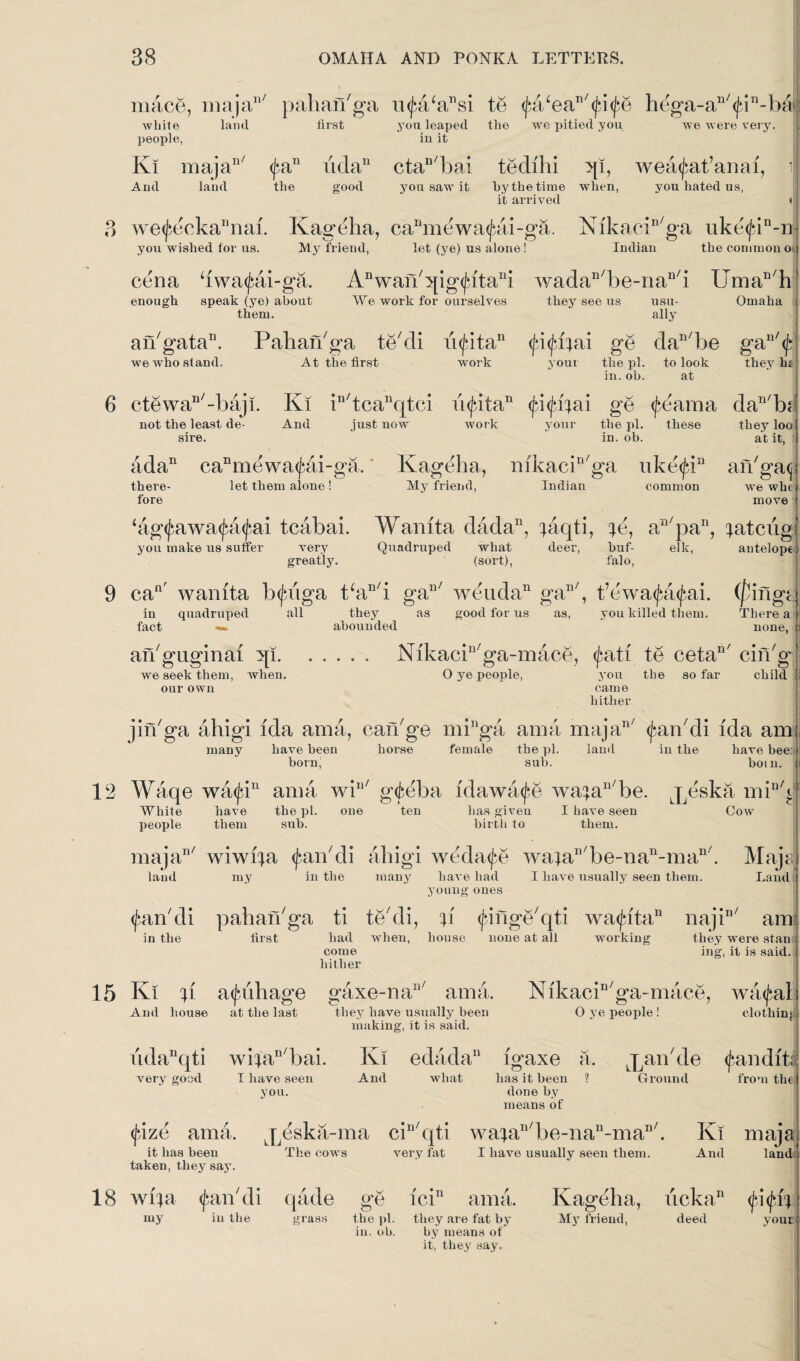 mace, majan/ pahan'ga injaVa^si te <j)a‘ean/<£i<j>e hega-an/(fin-bai white land first you leaped the we pitied you we were very people, in it Ki majan/ fa11 uda11 ctan/bai tedihi qi, wea^at’anai, i Aud land the good you saw it hy the time when, you hated us, it arrived 8 we<£eckannai. Kageha, caamewa<fai-ga. Nfkacin/ga uke'<(an-n you wished for us. My friend, let (ye) us alone! Indian the common o cena dwa^ii-ga. Anwaibqig<jbttani wadan/be-rian/i Uman/h enough speak (ye) about them. We work for ourselves they see us usu¬ ally Omaha aibgata”. Pahaibga te'di u<fitan we who stand. At the first work ge dan/be gan/<f your the pi. to look they In in. oh. at 6 ctewan/-baji. Ki in/tcanqtci u<J)itan fiffyai ge <fbama dan/b* just now not the least de¬ sire. And work your the pi. in. ob. these they loo at it, adan canmewa<jbii-ga.' Kageha, mkacin/ga uke<fin there- let them alone! My friend, Indian common aibga<j we whc fore move ‘ag^awa^a^ai tcabai. Wamta dada11, ^aqti, ie, an/pan, latciig you make us suffer very Quadruped what deer, buf- elk, antelope greatly. (sort), falo, 9 can' wamta bfjaiga t‘an/i gaD/ weuda11 gan/, t’ewa^a^ai. all they as good for us as, you killed them, abounded in quadruped fact «•» (pi liim © There a none, an gugmai qi. we seek them, when, our own Ntkacin/ga-mace, fati te ceta11' ciibg O ye people, you the so far child i cam e hither jiibga ahigi Ida ama, caibge minga ama majan/ <j$arbdi Ida am female the pi. land in the have bee:j sub. bom. White people many have been horse born, wa<jdn ama w\ll/ g<teb have the pi. one ten them sub. iu/c has giveu birth to I have seen them. Cow majaB/ wiwija (faibdi ahigi weda^e wajaD/be-nan-ma land ray in the many have had I have usually seen them. young ones n/ Maj; Land (faibdi pahaibga ti te/di, b (jange'qti wa<fitan najin/ am in the first had when, house none at all working they were stan come ing, it is said. hither 15 Ki v a<jmhage gaxe-nan/ ama. Nlkacin/ga-mace, And house at the last they have usually been O ye people! making, it is said. wa^al clothinj udanqti wilaD/bai. Ki edadan igaxe a. Rankle very good I have seen And what has it been ? Ground you. done by pandit; from tin means of (jaze ama. j^eska-ma cin qti waian/be-nan-maD/. Ki it has been The cows very fat I have usually seen them. And taken, they say. maja land 18 wija ([‘aibdi my in the qade grass ge ici n ama. the jd. they are fat by in. ob. by means of it, they say. Kageha, ucka,n My friend, deed your