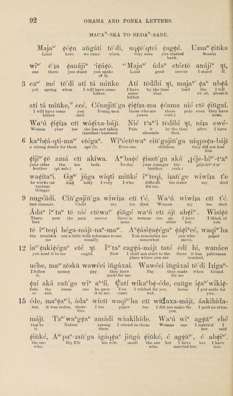 MACAn-SKA TO SEDAn-SABE. Maja11' fefu ang&ti te/di, uq^e'qtci fagfd. UmaD/(finka Land here we came when, very soon you started Season back. win/ one e^a <j}an4jin ‘ifafe. “ Majan/ udan cteete anaji11 qi, there you stand you spoke Land good soever I stand if, of it. can/ m<3 te'di ati t4 minke. Ati -tedihi qi, majan/ fan uhfa I have by the time laud the I tell come that, cv. ob. about it hither yet spring when I will have come hither. ati ta minke,” ece. Cdnnjiikga (fi^fya-ma feama nie cte tfingai. I will have come you Young men those who are these pain even they have hither said. yours (sub.) none. ¥a‘ii fifUa cti wa<fixa-baji. Nie t‘an/i tedihi qi, nrja ewe- Woman your too she has not taken Pain it by the time alive I have (another) husband. abounds that, kanb<Jxi-qti-man/ etdgab Winectewan cin'gajin'ga uiqpa<fa-baji a strong desire for them apt (?). Even one children they did not lose him fijin/fe am a cti akiwa. An/ba<f,e <j*isan/ga aka jeje-hi^-^a11 your elder the too both. To-day your younger the (p6je-hin/-t‘an brother (pi. sub.) * brother (sub.) Gan/ juga wfqti minke in/teqi, barkge wiwi^a t’e And body I-very I-who difficult his sister my died for me, wa<jbtaBi. he works (at various things). nu« last summer. Cin'gajhkga wiwi}a cti t’e. Wabi wiwija Child my too died. Woman my Adan in/taB te nie ctewaB/ (Jange wabi cti aji ab<jaB/. There- now the pain soever there is woman too an- I have fore none other her. cti t’e. too died. Wisitfe I think of you te in/teqi liega-rnaji-n aB-man/. A^asitjritfega11 fafinc&, waqiB/ha the troubles not a little with reference to me, You remember me you who paper usually. somewhat move, me iaB/(Jnki<f,egaB ete qi. In/tan cag(Jxi-maji tate edi hi, wanace you send it to me ought. Now I shall not start to the there it has policeman place where you are reached, uehe, man/zeska wawdci ingaxai. Waweci ingaxai te'di Jqiga11- I follow money pay they have Pay they made when Grand- it, made for me. forme fai aka can'ge wi11 aBbi. (fati wikaBb<jv-ede, cange i<£aB/wiki<£- I put aside for you, fath¬ er the sub. horse one he gave it to me. You come I wished for you, but, horse ede, ma<fau/i, adaB wicti waqiB/ha cti widaxa-maji, aakihida- but, it was stolen, there- I too paper too I did not make for I paid no atten- fore you, maji. tion to it. (jrfike, the one who, TaB/waBg<£aB amadi waakihide. Wabi wi11 agfan/ elid Nation amonsr I attend to them. Woman one I married I among them her said An/paD'^an/ga igaq<£aB jinga (janke, d agfar]/, d abfin/. Big Elk his wife small the one her I have her I have who, married her, her.