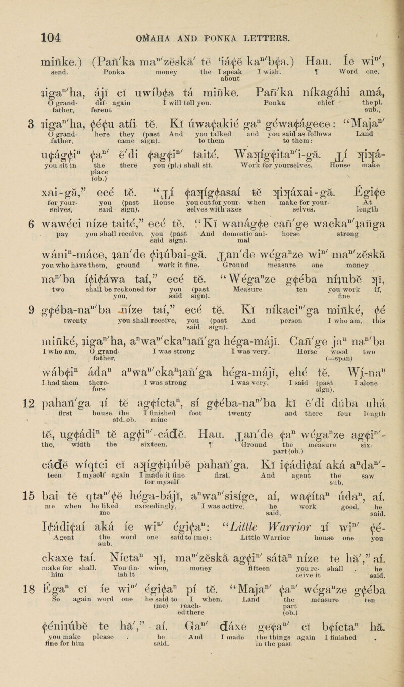 minke.) (Pan'ka man/zeska/ te ‘ia^e kan/b^a.) Plan, te wiD/, send. Ponka money the I speak I wish. H Word one, about ^igan/ha, aji ci uwibtfa ta minke. Pan'ka nikagahi ama, O grand- dif- again I will tell you. Ponka chief the pi. father, ferent sub., 3 jigan/ha, ffyu atii te. Ki uwa^akie gan gdwa^agece: uMajan/ O grand- here they (past And you talked and you said as follows Land father, came sign). to them to them: <£ag<^in/ taite. Waqig<£itan/i-ga. jp qiqti- you (pi.) shall sit. Work for yourselves. House make mfag<jdn <^an/ e'di you sit in the there place (ob.) • ^ v xai-ga, for your¬ selves, ece you (past said sign). t£. u ;ji (fa^ig(f-asai te 5p:qaxai - ga. Egi<j;e House you cut for your- when selves with axes make for your¬ selves. At length 6 wawdci nize taite,ece te. 2Ki wanagtye can'ge wackanbanga pay you shall receive, you (past And domestic ani- horse strong said sign). mal wanin-mace, ^an'de <jKubai-ga. j^Kde weganze win/ man/zeska you who have them, ground work it fine. Ground measure one money nan/ba i(fi^awa tai,r ece te. uWegaaze g<feba niqube qi, two shall be reckoned for you (past Measure ten you work if, you, said sign). ' fine 9 g^ba-nan/ba mize tax,” ecti te. Ki nikacin/ga minkd, tye twenty you shall receive, you (past And person I who am, this said sign). CaiYge jan naD/ba Horse wood two (=span) eh^ te. Wl-na11 * I said (past I alone sign). minke, ^igan/ha, anwan/ckan^an/ga lidga-maji. 1 who am, O grand- I was strong I was very, father, wab$in adan aI1waIl/ckan^an/ga hega-maji, I was strong I was very, I had them there¬ fore 12 pahanVa te ag<fictan, si g<^eba-nan/ba ki e7di duba uha first house the I finished foot twenty and there four length » std. ob. mine te, ug(^adin te ag<jdu/-cade. Hau. j^an'de <fan weganze ag<£i0/- the, width the sixteen. H Ground the measure six- part (ob.) cade wiqtci ci aqig<£ipibe pahan'ga. Ki i^adi^ai aka andan/- teen I myself again I made it fine first. for myself me when he liked me I(J>adi<^ai aka Agent the sub. exceedingly, I was active, u word one said to (me): And agent the sub. saw ai, wa(fitau xida11, ai. he said, work good, he said. Warrior win' Little Warrior nouse one you ckaxe tai. Nicta11 qi, man/zeska ag(^iu/sata11 mze te ha/,”al make for shall. You fin- when, money fifteen him ish it you re- shall ceive it he said. 18 Egan ci le win/ egi^a11 pi te. “Majan/ <frtu/ wegauze g<£dba So again word one he said to I when. Land the measure ten (me) reach- part ed there (ob.) <J‘,enipibe te ha/, you make please fine for him V ai. he said. Gan/ daxe e-epa11' ci b^icta11 ha. And I made the things again I fiuished in the past