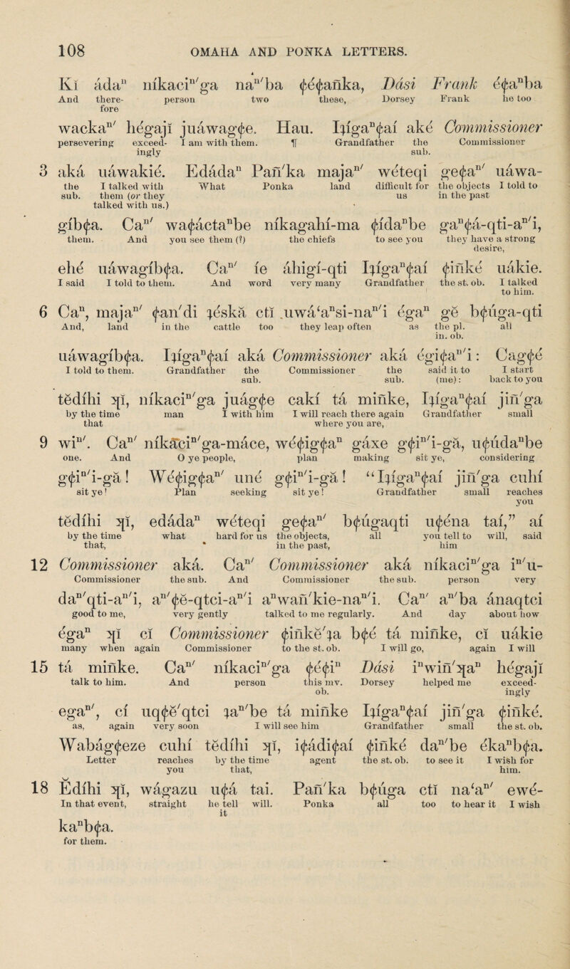 Kl ada11 mkacin/ga nau/ba <^<j>anka, I)dsi Frank e^anba And there- person two these, Dorsey Frank he too fore wackan/ htigaji juawag^e, Hau. I^igan^ai ake Commissioner --1 r-xi *- r* au?„4.i— Commissioner persevering exceed- I am with them ingly IT Grandfather the sub. 3 aka uawakie. Edada11 Parbka majan/ weteqi ge<£an/ uawa- the I talked with What Ponka land difficult for the objects I told to sub. them (or they us in the past talked with us.) gib(fa. Can/ wa<j>actanbe mkagahi-ma <jddanbe gan<j)a-qti-a: n/,‘ them. And you see them (?) the chiefs to see you h they have a strong desire, eh^ uawagfb<fa. Can/ ie ahigi-qti Iqigan<£ai <junke uakie. I said I told to them. And word very many Grandfather the st. ob. I talked to him. 6 Can, majan/ (fan/di ^eska cti .uwa‘ansi-nan/i egan ge b<fuga-qti And, land in the cattle too they leap often as the pi. all in. ob. uawagib<£a. IqigaD^ai aka Commissioner aka egi<£an/i: Cag<fe I told to them. Grandfather the Commissioner the said it to I start sub. sub. (me): back to you tedihi qi, mkacin/ga juag^e caki ta minke, X^iga^ai jifbga by the time man I with him I will reach there again Grandfather small that where you are, 9 win/. Can/ mka*ein/ga-maee, we<fig<J)an gaxe g<£in/i-ga, u<^iidanbe O ye people, plan making sit ye, considering W&fyigfysk' une g<jdn/i-ga! “]qigan<fai jin'ga cuhi seeking sit ye! one. ‘n't And gfin i-ga! sit ye! tedihi 3ji, by the time that, Plan edada11 what Grandfather small reaches you ” ai weteqi ge<fan/ b^ugaqti u<£ena tai, hard for us the objects, all you tell to will, said in the past, him 12 Commissioner aka. Commissioner the sub Oan/ Commissioner ak& nikaeiD/ga in/u- And Commissioner the sub. person very dan/qti-an/i, an/$e-qtci-an/i aDwan/kie-naI1/i. Ca11' an/ba anaqtci good to me, very gently talked to me regularly. And day about how ega11 qi ci Commissioner ^inke'ia b(fe ta miiike, ci uakie many when again Commissioner to the st. ob. I will go, again I will hegaji exceed- 15 ta minke. Can/ mkacin/ga Ddsi Pwin'^a11 talk to him. And person this mv. ob. Dorsey helped me ingly ega as, n/ ci uq^e'qtci ian/be ta minke Ihgan(fai jin'ga <£inke. again very soon I will see him Grandfather small the st. ob. Wabag<£eze culii tedihi :qi, Letter reaches by the time you that, 18 Edihi :qi, wagazu u<^a tai. In that event, straight he tell will. it kanb<fa. for them. i<£adi<£ai <finke dan/be ekanb(^a. agent the st. ob. to see it I wish for him. Pan'ka b<jhiga cti na‘an/ ewe- Ponka all too to hear it 1 wish