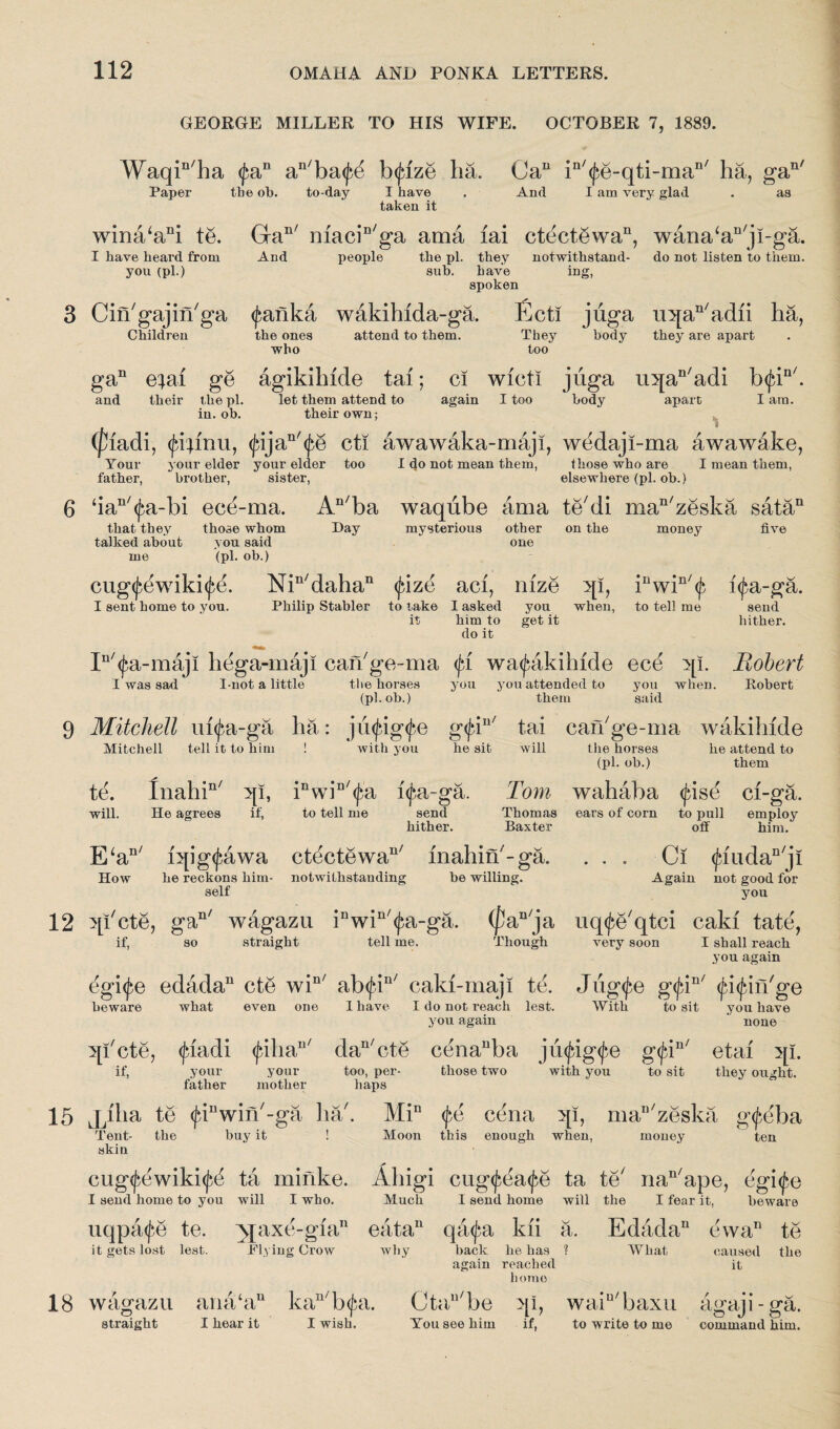 GEORGE MILLER TO HIS WIFE. OCTOBER 7, 1889. Waqin7ha (fa11 an7ba<fe b<jdze lia. Oa11 in7<fe-qti-man/ ha, ga Paper tbe ob. to-day I have . And I am very glad taken it n' as wina/ani te. I have heard from you (pi.) Cin7gajin7ga Children Gan/ macin7ga ama iai ctectewa11, wana‘an7ji-ga. And people the pi. they notwithatand- do not liaten to them. aub. have ing, apoken <£anka wakihida-ga. Ectl juga u^a^adii ha, ~ body they are apart the onea who attend to them. They too gan etai ge agikihide tai; ci wicti juga ui[an7adi b<fin/. and their the pi. let them attend to again I too body apart lam. in. ob. their own; (piadi, <jdjmu, <^ijan/ <fe cti awawaka-maji, wedaji-ma awawake, Your your elder your elder too I do not mean them, those who are I mean them, father, brother, sister, elsewhere (pi. ob.) ‘ian/(^a-bi ecd-ma. An/ba waqube ama te7di man7zeska sata11 that they talked about me those whom you said (pi. ob.) Day mysterious other one on the money five if, a-ga. send hither. Robert Robert cug<£ewiki<£e. Nin7dahan fize aci, mze 3p, iuwin7<£ I sent home to you. Philip Stabler to take I asked you when, to tell me it him to get it do it In7<£a-maji hega-maji can7ge-ma <Jd wa^akihide ece y\i. I was sad I-not a little the horses you you attended to you when. (pl.ob.) them said Mitchell iu<j$a-ga ha: j ufigfe g<f*in/ tai can'ge-ma wakihide Mitchell tell it to him te, lnahin/ qi, will. He agrees if, E‘an/ iqig(fawa How with you he sit will the horses (pi. ob.) he attend to them inwin/<fa l^a-ga. Tom wahaba <jasd ci-ga. to tell me send Thomas ears of corn to pull employ hither. Baxter off him. he reckons him- notwithstanding self ctectewa117 inahin7-ga. be willing. qEcte, ga117 wagazu inwin7<j}a-ga. (pau7ja if, so straight tell me. Though egi^e edada11 cte win/ ab<jdn/ caki-maji te. beware what even one 1 have I do not reach lest. you again 5p'cte, (fiadi <^iliau7 da117 cte cenanba jufigfe gfin/ etai 5p. if, your your too, per- those two with you to sit they ought, father mother haps Min <j*e cena >[i, man/zeska g^eba Moon this enough when, ... Ci <£mdan7ji Again not good for you uq<J>e7qtci cakl tate, very soon I shall reach you again Jiig<j>e g<^ in/ fifin'ge With to sit you have none j/lia te <£inwin7-ga ha7. Tent- skin the buy it money ten eugfewikif^ ta minke. I send home to you will I who. uqpa^e te. ^jaxe-gia11 it gets lost lest. Plying Crow Aliigi cugtyeafe ta te7 nan7ape, egife Much I send home will the I fear it, beware eata11 qa^a kii a. Edada11 ewa11 te why back he has ? What back he has again reached homo caused the it wagazu ana‘au kan/b^a. Ctau7be >p, wain7baxu agaji-ga. straight I hear it I wish. You see him if, to write to me command him.