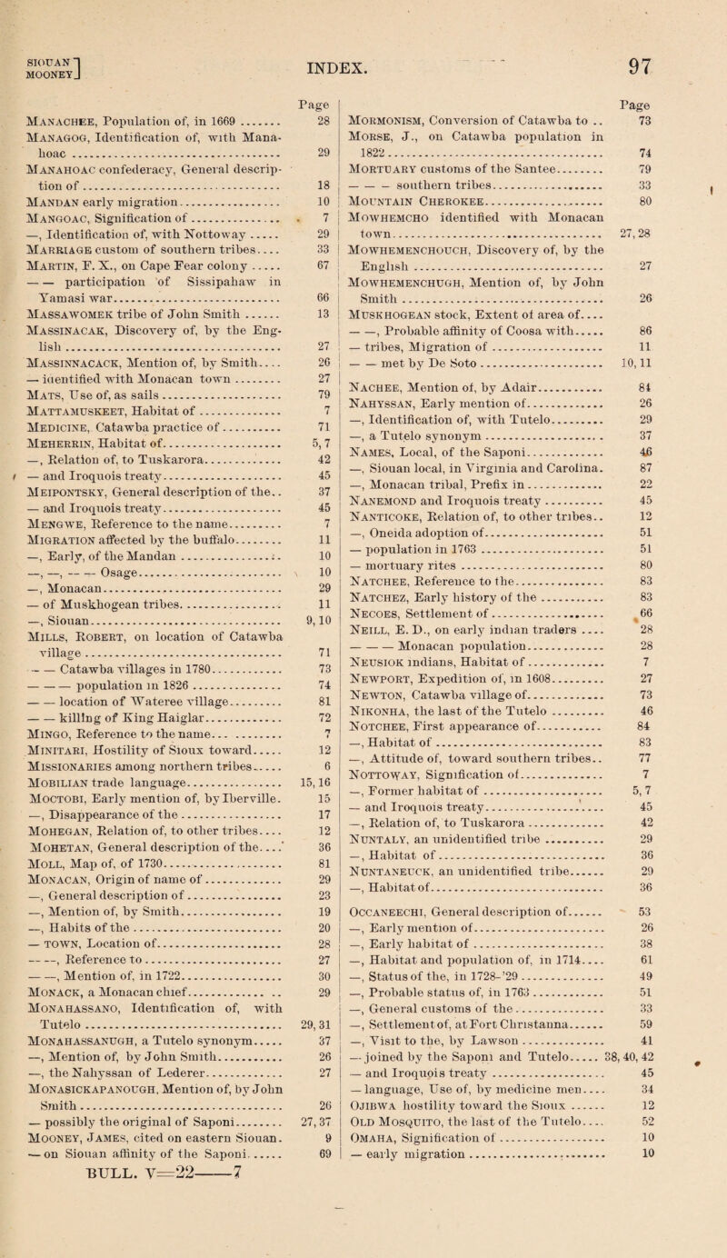 SIOTTAN “I MOONEYJ INDEX. 97 Manachee, Population of, in 1669 . Managog, Identification of, with Mana- hoac.. Manahoac confederacy, General descrip¬ tion of. Hand an early migration. Mangoac, Signification of. —, Identification of, with Nottoway. Marriage custom of southern tribes.... Martin, F. X., on Cape Fear colony. -participation of Sissipahaw in Yam as i war. Massawomek tribe of John Smith. Massinacak, Discovery of, by the Eng¬ lish ... Massinnacack, Mention of, by Smith- — identified with Monacan town. Mats, Use of, as sails. Mattamuskeet, Habitat of. Medicine, Catawba practice of. Meherrin, Habitat of. —, Relation of, to Tuskarora... / — and Iroquois treaty. Meipontsky, General description of the.. — and Iroquois treaty. Mengwe, Eeference to the name. Migration affected by the buffalo. —, Early, of the Mandan.:. —, -Osage... —, Monacan. — of Muskhogean tribes. —, Siouan. Mills, Robert, on location of Catawba village... -Catawba villages in 1780. -population m 1826 . -location of Wateree village. -killing of King Haiglar. Mingo, Eeference to the name. Minitari, Hostility of Sioux toward. Missionaries among northern tribes_ Mobilian trade language. Moctobi, Early mention of, by Iberville. —, Disappearance of the. Mohegan, Relation of, to other tribes- Mohetan, General description of the... .' Moll, Map of, of 1730.. Monacan, Origin of name of. —, General description of. —, Mention of, by Smith. —, Habits of the. — town, Location of. -, Reference to. -, Mention of, in 1722. Monack, a Monacan chief. Monahassano, Identification of, with Tutelo. Monahassanugh, a Tutelo synonym. —, Mention of, by John Smith. —, the Nahyssan of Lederer. Monasickapanough, Mention of, by John — possibly the original of Saponi. Mooney, James, cited on eastern Siouan. — on Siouan affinity of the Saponi. BULL. v=22-7 Page 28 29 i0 I 10 : * 7 i 29 j 33 | 67 | I I 66 13 27 26 | 27 j 79 7 71 5,7 42 45 37 45 7 11 10 \ 10 29 11 9, 10 71 73 74 81 72 n I 12 6 15,16 15 17 12 36 81 29 23 19 20 28 27 30 29 29,31 37 26 27 27,37 9 69 Page Mormonism, Conversion of Catawba to .. 73 Morse, J., on Catawba population in 1822. 74 Mortuary customs of the Santee. 79 -- southern tribes. 33 Mountain Cherokee. 80 Mowhemcho identified with Monacan town. 27,28 Mowhemenchouch, Discovery of, by the English. 27 Mowhemenchugh, Mention of, by John Smith. 26 Muskhogean stock, Extent of area of.... -, Probable affinity of Coosa with. 86 — tribes, Migration of. 11 -met by De Soto. 10,11 Nahyssan, Early mention of. 26 —, Identification of, with Tutelo. 29 —, a Tutelo synonym. 37 Names, Local, of the Saponi... 46 —, Siouan local, in Virginia and Carolina. 87 —, Monacan tribal, Prefix in. 22 Nanemond and Iroquois treaty. 45 Nanticoke, Relation of, to other tribes.. 12 —, Oneida adoption of. 51 — population in 1763 .. 51 — mortuary rites. 80 Natchee, Reference to the... 83 Natchez, Early history of the. 83 Necoes, Settlement of. 66 Neill, E. D., on early indian traders_ 28 -Monacan population... 28 Neusiok Indians, Habitat of. 7 Newport, Expedition of, in 1608. 27 Newton, Catawba village of. 73 Nikonha, the last of the Tutelo. 46 Notchee, First appearance of. 84 —, Habitat of. 83 —, Attitude of, toward southern tribes.. 77 Nottoway, Signification of. 7 —, Former habitat of. 5, 7 — and Iroquois treaty.'_ 45 —, Relation of, to Tuskarora. 42 Nuntaly, an unidentified tribe. 29 —, Habitat of. 36 Nuntaneuck, an unidentified tribe. 29 —, Habitat of. 36 Occaneechi, General description of. 53 —, Early mention of. 26 —, Early habitat of. 38 —, Habitat and population of, in 1714- 61 —, Status of the, in 1728-’29. 49 —, Probable status of, in 1763 . 51 —, General customs of the .. 33 —, Settlement of, at Fort Chnstanna. 59 —, Visit to the, by Lawson. 41 — joined by the Saponi and Tutelo. 38, 40, 42 — and Iroquois treaty. 45 — language, Use of, by medicine men- 34 Old Mosquito, the last of the Tutelo— 52 Omaha, Signification of. 10 — early migration. 10 I