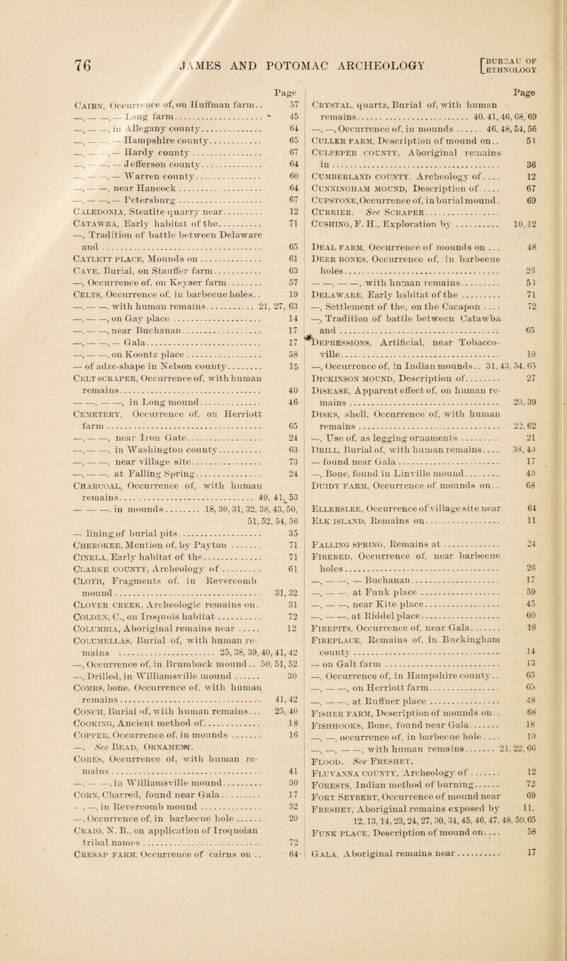 Page Cairn, Occurrence of, on Huffman farm.. 57 —;_, — Long farm.' 45 —,_, in Allegany county. 64 —,-, — Hampshire county. 65 —,-, — Hardy county. 67 —,-, — Jefferson county. 64 —, — —, — AYarren county. 60 —,-, near Hancock. 64 —, — —»— Petersburg. 67 Caledonia, Steatite quarry near. 12 Catawba, Early habitat of the. 71 -—, Tradition of battle between Delaware and. 65 Catlett place, Mounds on. 61 Cave, Burial, on Stauffer farm. 63 —, Occurrence of, on Keyser farm. 57 Celts, Occurrence of, in barbecue holes.. 19 —,-, with human remains. . 21, 27, 63 —,-, on Gay place.... 14 —,-, near Buchanan. 17 —, --, — Gala. 17 —, --, on Koontz place. 58 — of adze-shape in Nelson county. 15 Celt scraper, Occurrence of, with human remains.;. 40 -,-, in Long mound. 46 Cemetery, Occurrence of, on Herriott farm. 65 -—,-, near Iron Gate. 24 —,-, in Washington county. 63 —,-, near village site. 73 —,-•, at Palling Spring. 24 Charcoal, Occurrence of, with human remains.40, 41, 53 — -— -—. in mounds. 18, 30, 31, 32, 38, 43, 50, 51, 52, 54, 56 — lining of burial pits.. Cherokee, Mention of, by Payton. Cinela, Early habitat of the. Clarke county, Archeology of. Cloth, Fragments of, in Revercomb mound. Clover creek, Arclieologic remains on. Colden, C., on Iroquois habitat. Columbia, Aboriginal remains near. Columellas, Burial of, with human re¬ mains ... 25,38,39,40, —, Occurrence of, in Brumback mound.. 50, —, Drilled, in AYilliamsville mound. Combs, bone, Occurrence of, with human remains.-- Conch, Burial of, with human remains... Cooking, Ancient method of. Copper, Occurrence of, in mounds. —. See Bead, Ornament. Cores, Occurrence ol, with human re¬ mains . —,-, in AYilliamsville mound. Corn, Charred, found near Gala. - , —, in Ttevercomb mound. —, Occurrence of, in barbecue hole. Craig, N. B., on application of Iroquoian tribal names.. Cresap farm, Occurrence of cairns on .. 35 71 71 61 31, 32 31 72 12 41,42 51, 52 30 41,42 25, 40 18 16 41 30 17 32 20 72 64 Page | Crystal, quartz, Burial of, with human remains. 40,41,46,68,69 —, —, Occurrence of, in mounds. 46, 48, 54, 56 Culler farm, Description of mound on.. 53 Culpeper county, Aboriginal remains in. 36 Cumberland county, Archeology of_ 12 Cunningham mound, Description of. 67 Cupstone,Occurrence of, inburialmound. 69 Currier. See Scraper. Cushing, F. H., Exploration by. 10,12 Deal farm, Occurrence of mounds on ... 48 Deer bones, Occurrence of, in barbecue holes. 26 — —,-, with human remains. 53 Delaware, Early habitat of the. 71 —, Settlement of the, outlie Cacapon- 72 —, Tradition of battle between Catawba and. 65 Depressions, Artificial, near Tobacco- ville. 10 —, Occurrence of, in Indian mounds.. 31, 43, 54, 65 Dickinson mound, Description of. 27 Disease, Apparent effect of, on human re¬ mains ... 23, 39 Disks, shell, Occurrence of, with human remains. 22, 62 —, TJse of, as legging ornaments. 21 Drill, Burial of, with human remains- 38, 40 — found near Gala. 17 —, Bone, found in Linville mound.. 40 Duidy farm, Occurrence of mounds on.. 68 Ellerslee, Occurrence of village site near 64 Elk island. Remains on... 11 Falling spring, Remains at. 24 Firebed, Occurrence of, near barbecue holes. 26 —,-, —Buchanan... 17 —,-1 at Funk place. 59 —,-, near Kite place. 45 —,-, at Riddel place. 60 Firepits, Occurrence of, near Gala. 18 Fireplace, Remains of, in Buckingham county. 14 — on Galt farm. 13 —, Occurrence of, in Hampshire county.. 65 —,-, on Herriott farm. 65 —,-, at Ruffner place. 48 Fisher farm, Description of mounds on.. 68 Fishhooks, Bone, found near Gala. 18 —, —, occurrence of, in barbecue hole . — 19 —, —,-, with human remains. 21,22,66 Flood. See Freshet. Fluvanna county, Archeology of. 12 Forests, Indian method of burmug. 72 Fort Seybert, Occurrence of mound near 69 Freshet, Aboriginal remains exposed by 11, 12, 13,14, 23, 24, 27, 30, 34, 45, 46, 47, 48, 59,65 Funk place, Description of mound on.... 58 Gala, Aboriginal remains near 17