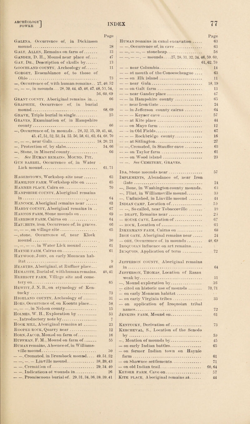 FOWKE J INDEX 77 Page Galena, Occurrence of, in Dickinson mound. 28 Galt, Allen, Remains on farm of. 13 Gander, D.H., Mound near place of_ 47 Gay, Dr., Description of skulls by. 13 Goochland county. Archeology of. 11 Gorget, Resemblance of, to those of Ohio. 73 —, Occurrence of, with human remains.. 27, 40, 52 —,-, in mounds... 28, 30, 44, 45, 46, 47, 48, 53, 54, 56, 60, 69 Grant county, Aboriginal remains in... 66 Graphite, Occurrence of, in burial mound. 68, 69 Grave, Triple burial in single. 25 Graves, Examination of, in Hampshire county. 66 —, Occurrence of, in mounds.. 28, 32, 35, 39, 41, 44, 45, 47, 51, 52, 53, 54, 55, 56, 58, 61, 63, 64, 68, 70 —, — —, near Gala. 18, 20, 21 —, Protection of, by slabs. 54, 66 —, Stone, in Mineral county. 66 —. See Human remains, Mound, Pit. Gun barrel, Occurrence of, in Water Lick mound. 61,71 i I Hagerstown, Workshop site near. Hamilton farm, Workshop site on. Hammer place, Cairn on. Hampshire county. Aboriginal remains in.. Hancock, Aboriginal remains near. Hardy^ county, Aboriginal remains in .. Harmon farm, Stone mounds on. Harrison farm, Cairns on. Hatchets, iron, Occurrence of, in graves. —,-, on village site. —, stone, Occurrence of, near Kleek mound. 65 70 64 63 67 69 64 66 65 30 —,-, in Water Lick mound. 61 Haynie farm, Cairns on. 61 Haywood, John, on early Monacan hab¬ itat. 9 Hearths, Aboriginal, at Ruffner place... 48 Hematite, Burial of, withhumanremains. 40, 41 Herriott farm, Village site and ceme¬ tery on. 65 Hewitt, J. 1ST. B., on etymology of Ken¬ tucky . 73 Highland county, Archeology of. 31 Hoes, Occurrence of, on Koontz place.... 58 —,-, in Nelson county. 15 Holmes, W. H., Exploration by. 53 —, Introductory note by. 7 Hook mill, Aboriginal remains at. 23 Hooper rock, Quarry near. 12 Horn, Jacob, Mound on farm of. 16 Huffman, F. M,, Mound on farm of. 55 Human remains, Absenceof, in Williams- ville mound...'. 30 — —, Cremated, in Brumback mound.... 49, 51, 52 -, —, — Linville mound. 38,39,43 -, Cremation of... 29, 34, 40 -, Indications of wounds in. 26 -. Promiscuous burial of. 29, 31, 34, 36, 38, 39, 41 ! I Page Human remains in canal excavation. 63 — —, Occurrence of, in cave. 63 -,-, — stonelieap. 53 --,-, — mounds.. . .27, 28, 31, 32, 34, 46, 59, 60, 61, 62, 70 — — near Columbia. 14 — — at mouth of the Conococheague_ 63 -on Elk island. 11 -near Gala. 18,19 -on Galt farm. 13 — — near Gander place. 47 — — in Hampshire county. 65 -near Iron Gate. 24 -in Jefferson county cairns. 64 -Keyser cave. 57 -at Kite place. 44 -on Mayo farm. 12 -in Old Fields. 67 -Rockbridge county. 16 -at Sitlington. 27 — —, Cremated, in Stauffer cave. 63 -on Taylor farm. 61 — — on Wood island. 23 -. See Cemetery, Graves. Ida, Stone mounds near. 57 Implements, Abundance of, near Iron Gate. 24 —, Bone, in Washington county mounds. 63 —, Flint, in Williamsville mound. 39 —, Unfinished, in Linville mound. 41 Indian camp, Location of. 59 -, So called, near Tobaccovillc. 19 — draft, Remains near. ,21 — house cave, Location of. 67 — rock, Location of. 63 Inkermann farm, Cairns on. 68 Iron gate, Aboriginal remains near. 24 — ORE, Occurrence of, in mounds. 48, 69 Iroquoian influence on art remains. Iroquois, Application of term. 72 Jefferson county, Aboriginal remains in. 64 Jefferson, Thomas, Location of Rasau weak by. 11 —, Mound exploration by. 33 — cited on historic use of mounds. 70, 71 — on early Monacan habitat. 1 — on early Virginia tribes. 33 — on application of Iroquoian tribal names. 72 Jenkins farm, Mound on. 61 Kentucky, Derivation of. 73 Kercheval, S., Location of the Senedo by. 59 —, Mention of mounds by. 45 — on early Indian battles. 65 — on former Indian town on Haynie farm. 61 — on Shawnee settlements. 71 — on old Indian trail. 60, 64 Keyser farm. Cave on. 57 Kite place, Aboriginal remains at. 44