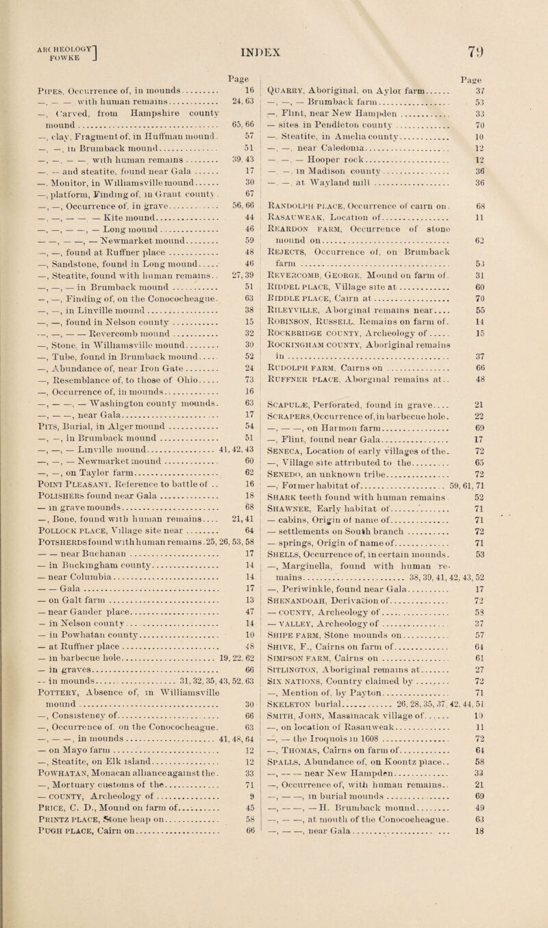 AIU HEOLOGY] FOWKE J INDEX Page Pipes, Occurrence of, in mounds. 16 _, — — with human remains. 24,03 —, Carved, from Hampshire county mound. 65, 66 —, clay, Fragment of, in Huffman mound. 57 —, —, in Brumback mound. 51 —, —,-. with human remains. 39, 43 —. — and steatite, found near Gala. 17 —. Monitor, in Williamsvillemound. 30 —, platform, Finding of, in Grant count.) 67 —, —, Occurrence of. in grave. 56, 66 —,—,-— Kite mound. 44 —, —,-, — Long mound. 46 -,-,—Newmarket mound. 59 —, —, found at Kuffner place. 48 —, Sandstone, found in Long mound. 46 —, Steatite, found Avitli human remains.. 27, 39 —, —, — in Brumback mound. 51 —, —, Finding of, on the Conococheague. 63 —, —, in Linville mound. 38 -—, —, found in Nelson county. 15 —, —,-Revercomb mound. 32 —, Stone, in Williamsville mound. 30 —, Tube, found in Brumback mound- 52 —, Abundance of, near Iron Gate. 24 —, Resemblance of, to those of Ohio. 73 —, Occurrence of, in mounds. 16 —,-, — Washington county mounds. 63 —, -, near Gala. 17 Pits, Burial, in Alger mound. 54 —, —, in Brumback mound. 51 —, —, — Lmville mound.41, 42, 43 —, —, — Newmarket mound. 60 —, —, on Taylor farm. 62 Point Pleasant, Reference to battle of .. 16 Polishers found near Gala. 18 — in grave mounds. 68 —, Bone, found with human remains- 21,41 Pollock place, Village site near. 64 POTSHERDsfoundAvithliumanremams-25, 26, 53, 58 -near Buchanan. 17 — in Buckingham county. 14 — near Columbia. 14 -Gala. 17 — on Galt farm. 13 — near Gander place. 47 — in Nelson county. 14 — in Powhatan county. 10 — at Ruffner place. 48 — in barbecue hole. 19, 22, 62 — in graves. 66 in mounds. 31, 32, 35, 43, 52, 63 Pottery, Absence of, m Williamsville mound. 30 —, Consistency of. 66 —, Occurrence of. on the Conococheague. 63 —, , in mounds.. 41, 48, 64 — on Mayo farm. 12 —, Steatite, on Elk island. 12 Poavhatan, Monacan alliance against the. 33 —, Mortuary customs of the. 71 — county, Archeology of. 9 Price, C. D., Mound on farm of... 45 Printz place, Stone heap on. 58 Pugh place, Cairn on. 66 I I I 79 Page Quarry, Aboriginal, on Aylor farm. 37 —, —, — Brumback farm. 53 —, Flint, near New Hampden. 33 — sites in Pendleton county. 70 —, Steatite, in Amelia county. 10 —, —, near Caledonia. 12 — —, — Hooper rock. 12 — — in Madison county. 36 —, —, at Wayland mill. 36 Randolph place, Occurrence of cairn on. 68 Rasauweak, Location of. 11 Reardon farm, Occurrence of stone mound on. 62 Rejects, Occurrence of, on Brumback farm . 53 Revercomb, George, Mound on farm of. 31 Riddel place, Village site at. 60 Riddle place, Cairn at. 70 Rileyville, Aborginal remains near.... 55 Robinson, Russell, Remains on farm of. 14 Rockbridge county, Archeology of. 15 Rockingham county, Aboriginal remains in. 37 Rudolph farm, Cairns on. 66 Ruffner place, Aborginal remains at.. 48 Scapulas, Perforated, found in grave.... 21 Scrapers, Occurrence of, in barbecue hole. 22 —,-, on Harmon farm. 69 —, Flint, found near Gala. 17 Seneca, Location of early villages of the. 72 —, Village site attributed to the. 65 Senedo, an unknown tribe. 72 —, Former habitat of. 59, 61, 71 Shark teeth found with human remains . 52 Shawnee, Early habitat of. 71 — cabins, Origin of name of. 71 — settlements on South branch. 72 — springs, Origin of name of. 71 Shells, Occurrence of, in certain mounds. 53 —, Marginella, found with human re¬ mains. 38,39,41,42,43,52 —, Periwinkle, found near Gala. 17 Shenandoah, Derivation of. 72 — county, Archeology of. 53 — valley, Archeology of. 37 Shipe farm, Stone mounds on. 57 Shive, F., Cairns on farm of. 64 Simpson farm, Cairns on. 61 Sitlington, Aboriginal remains at. 27 Six nations, Country claimed by----- 72 —, Mention of, by Payton. 71 Skeleton burial. 26, 28, 35, 37, 42, 44, 51 Smith, John, Massinacak village of. 10 —, on location of Rasauweak. 11 —, — the Iroquois m 1608 .. 72 —, Thomas, Cairns on farm of. 64 Spalls, Abundance of, on Koontz place.. 58 —t-near New Hampden. 33 —, Occurrence of, with human remains.. 21 —,-, m burial mounds. 69 —, ——, —H. Brumback mound. 49 —,-, at mouth of the Conococheague.. 63 —,-, near Gala. 18