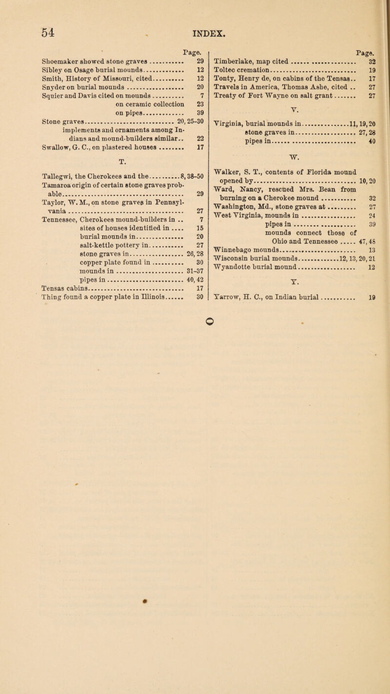 Page. Shoemaker showed stone graves. 29 Sibley on Osage burial mounds. 12 Smith, History of Missouri, cited. 12 Snyder on burial mounds. 20 Squier and Davis cited on mounds. 7 on ceramic collection 23 on pipes. 39 Stone graves. 20,25-30 implements and ornaments among In¬ dians and mound-builders similar.. 22 Swallow, G-. C., on plastered bouses. 17 T. Tallegwi, the Cberokees and the.8,38-50 Tamaroa origin of certain stone graves prob¬ able . 29 Taylor, W. M., on stone graves in Pennsyl¬ vania . 27 Tennessee, Cberokees mound-builders in .. 7 sites of bouses identified in .... 15 burial mounds in. 20 salt-kettle pottery in. 27 stone graves in.26,28 copper plate found in. 30 mounds in.31-37 pipes in.40, 42 Tensas cabins. 17 Thing found a copper plate in Illinois. 30 Page. Timberlake, map cited. 32 Toltec cremation. 19 Tonty, Henry de, on cabins of the Tensas.. 17 Travels in America, Thomas Ashe, cited .. 27 Treaty of Fort Wayne on salt grant. 27 V. Virginia, burial mounds in.11,19,20 stone graves in.27,28 pipes in. 40 W. Walker, S. T., contents of Florida mound opened by. 10, 20 Ward, Nancy, rescued Mrs. Bean from burning on a Cherokee mound. 32 Washington, Md., stone graves at. 27 West Virginia, mounds in. 24 pipes in. 39 mounds connect those of Ohio and Tennessee.47, 48 Winnebago mounds... 13 Wisconsin burial mounds.12,13, 20,21 Wyandotte burial mound. 12 Y. Yarrow, H. C., on Indian burial. 19