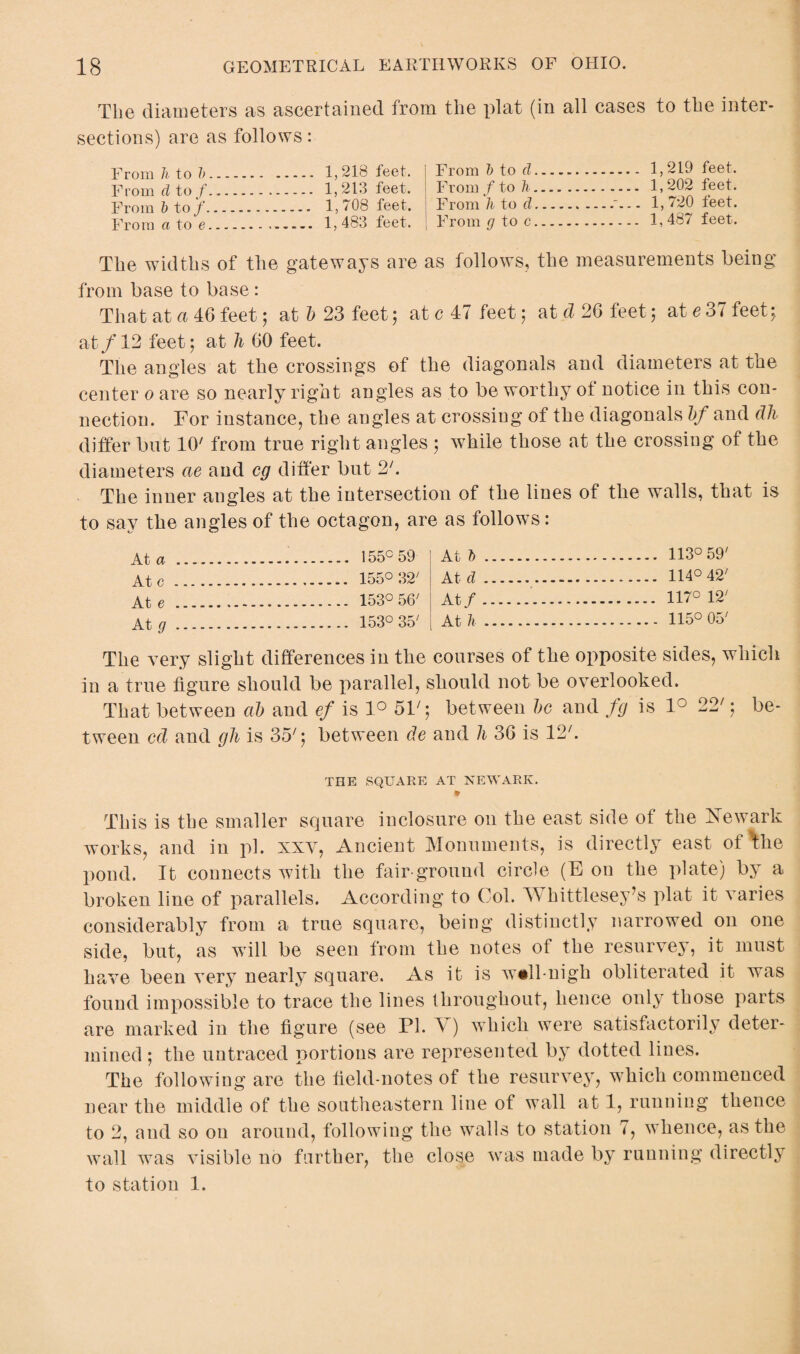 The diameters as ascertained from the plat (in all cases to the inter¬ sections) are as follows: From htob. 1,218 feet. From b to cl From d to f. 1,213 feet. From / to h From b to/. 1,708 feet. From h to d From a to e.. 1, 483 feet. | From cj to c The widths of the gateways are as follows, the measurements being from base to base : That at a 46 feet; at b 23 feet; at c 47 feet; at d 26 feet; at e 37 feet; at/12 feet; at li 60 feet. The angles at the crossings of the diagonals and diameters at the center o are so nearly right angles as to be worthy of notice in this con¬ nection. For instance, the angles at crossing of the diagonals bf and dh differ but 10' from true right angles ; while those at the crossing of the diameters ae and eg differ but 2'. The inner angles at the intersection of the lines of the walls, that is to say the angles of the octagon, are as follows: 1,219 feet. 1,202 feet. 1,720 feet. 1,487 feet. At a . 155° 59 Ate. 155° 32/ Ate . 153° 56' At g. 153° 35' At b. 113° 59' At d. 1140 42' At/. 117° 12' At h. 115° 05' The very slight differences in the courses of the opposite sides, which in a true figure should be parallel, should not be overlooked. That between ah and ef is 1° 5F; between be and fg is 1° 22'; be¬ tween cd and gh is 357; between de and h 36 is 12'. THE SQUARE AT NEWARK. This is the smaller square inclosure on the east side of the Newark works, and in pi. xxv, Ancient Monuments, is directly east of ^ke pond. It connects with the fair-ground circle (E on the plate) by a broken line of parallels. According to Col. A hittlesey’s plat it varies considerably from a true square, being distinctly narrowed on one side, but, as will be seen from the notes of the resurvey, it must have been very nearly square. As it is w<ill-nigk obliterated it was found impossible to trace the lines throughout, hence only those parts are marked in the figure (see PI. V) which were satisfactorily deter¬ mined ; the untraced portions are represented by dotted lines. The following are the field-notes of the resurvey, which commenced near the middle of the southeastern line of wall at 1, running thence to 2, and so on around, following the walls to station 7, whence, as the wall was visible no further, the close was made by running directly to station 1.