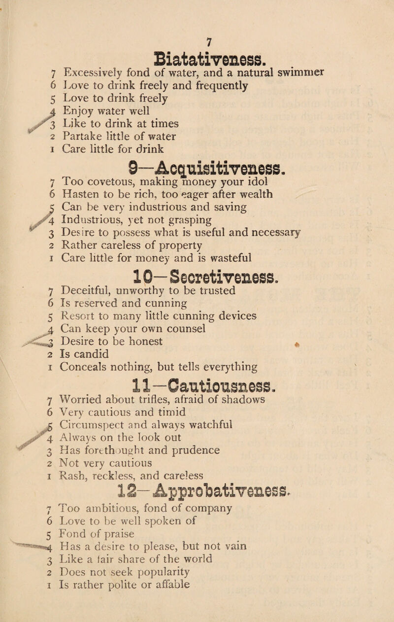 H s 6 5 2 I 7 Biatativeness. Excessively fond of water, and a natural swimmer Love to drink freely and frequently Love to drink freely Enjoy water well Like to drink at times Partake little of water Care little for drink 9— Acquisitiveness. Too covetous, making money your idol Hasten to be rich, too eager after wealth Can be very industrious and saving Industrious, yet not grasping Desire to possess what is useful and necessary Rather careless of property Care little for money and is wasteful 10— Secretiveness. Deceitful, unworthy to be trusted Is reserved and cunning Resort to many little cunning devices Can keep your own counsel Desire to be honest * Is candid Conceals nothing, but tells everything 11— Cautiousness, Worried about trifles, afraid of shadows Very cautious and timid Circumspect and always watchful Always on the look out Has forethought and prudence Not very cautious Rash, reckless, and careless 12— Approbativeness. Too ambitious, fond of company Love to be well spoken of Fond of praise Has a desire to please, but not vain Like a lair share of the world Does not seek popularity Is rather polite or affable