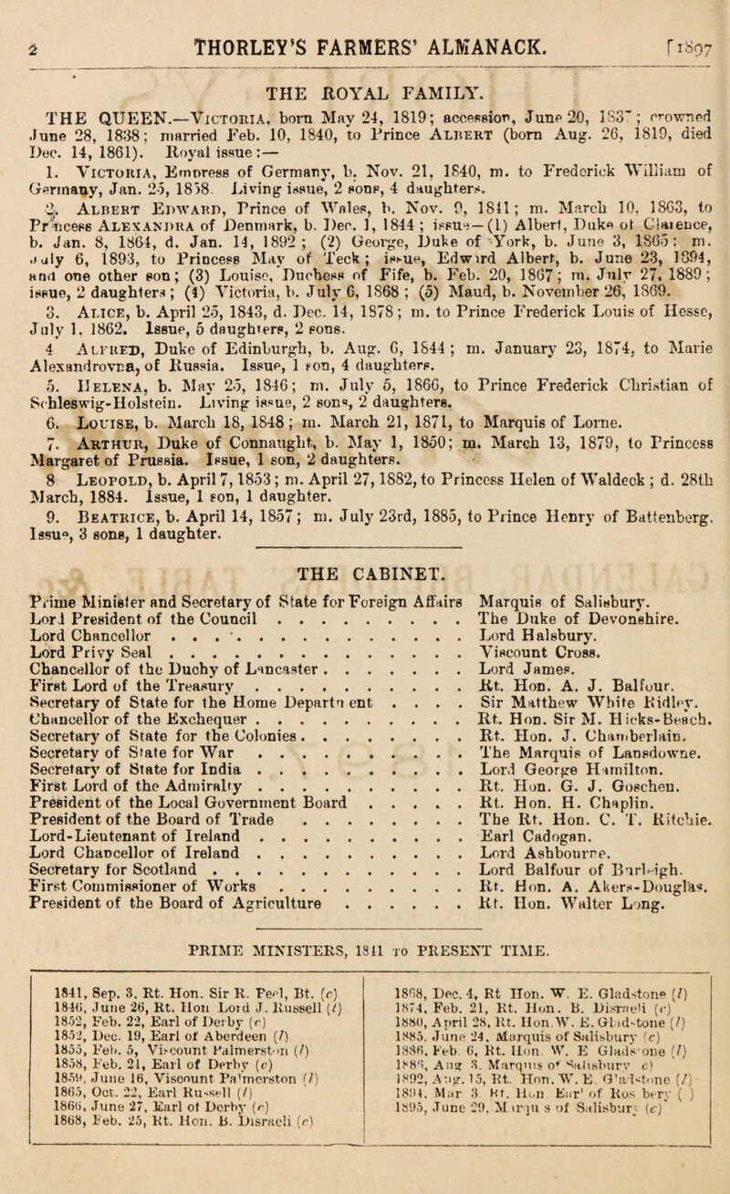 THE ROYAL FAMILY. THE QUEEN.—Victoria, born May 24, 1819; accession, June 20, 183; crowned dune 28, 1838; married Feb. 10, 1840, to Prince Albert (born Aug. 26, 1819, died Dec. 14,1861). Royal issue :— 1. Victoria, Empress of Germany, b. Nov. 21, 1840, m. to Frederick William of Germany, Jan. 2d, 18)8 Living issue, 2 sons, 4 daughters. Albert Edward, Trince of Wales, b. Nov. 9, 1811; m. March 10, 1863, to Prncess Alexandra of Denmark, b. Dec. 1, 1844; issue—(1) Albert, Duke ol Claience, b. Jan. 8, 1864, d. Jan. It, 1892 ; (2) George, Duke of York, b. June 3, 186-5: m. -)uly 6, 1893, to Princess May of Teck ; issue, Edwird Albert, b. June 23, 1894, ami one other son; (3) Louise, Duchess of Fife, b. Feb. 20, 1867; m. July 27, 1889; issue, 2 daughters ; (4) Victoria, b. July 6, 1868 ; (5) Maud, b. November 26, 1869. 3. Alice, b. April 25, 1843, d. Dec. 14, 1878; m. to Prince Frederick Louis of Hesse, July 1, 1862. Issue, 5 daughters, 2 eons. 4 Alfred, Duke of Edinburgh, b. Aug. 6, 1844; m. January 23, 1874, to Marie Alexandrovna, of Russia. Issue, 1 eon, 4 daughters. 5. Helena, b. May 25, 1846; m. July 5, 1866, to Prince Frederick Christian of Schleswig-Holstein. Living issue, 2 sons, 2 daughters. 6. Louise, b. March 18, 1848; m. March 21, 1871, to Marquis of Lome. 7. Arthur, Duke of Connaught, b. May 1, 1850; in, March 13, 1879, to Princess Margaret of Prussia. Issue, 1 son, 2 daughters. 8 Leopold, b. April 7,1853; m. April 27,1882, to Princess Helen of Waldeck ; d. 28th March, 1884. Issue, 1 son, 1 daughter. 9. Beatrice, b. April 14, 1857; ni. July 23rd, 1885, to Prince Henry of Battenberg. lssu°, 3 sons, 1 daughter. THE CABINET. Prime Minister and Secretary of State for Foreign Affairs Lor J President of the Council. Lord Chancellor . . . '. Lord Privy Seal. Chancellor of the Duchy of Lancaster. First Lord of the Treasury. Secretary of State for the Home Departn ent . . . . Chancellor of the Exchequer. Secretary of State for the Colonies. Secretary of State for War. *> Secretary of State for India ... First Lord of the Admiralty. President of the Local Government Board. President of the Board of Trade . Lord-Lieutenant of Ireland. Lord Chancellor of Ireland. Secretary for Scotland. First Commissioner of Works. President of the Board of Agriculture. Marquis of Salisbury. The Duke of Devonshire. Lord H alsbury. Viscount Cross. Lord James. Rt. Hon. A. J. Balfour. Sir Matthew White Kidley. Rt. Hon. Sir M. Hicks-Beach. Rt. Hon. J. Chamberlain. The Marquis of Lansdowne. Lord George Hamilton. Rt. Hon. G. J. Goschen. Rt. Hon. H. Chaplin. The Rt. Hon. C. T. Ritchie. Earl Cadogan. Lord Ashbourne. Lord Balfour of Burleigh. Rt. Hon. A. Akers-Douglas. Rt. Hon. Walter Long. PRIME MINISTERS, 1811 to PRESENT TIME. 1841, Sep. 3. Rt. Hon. Sir R. FeG, Bt. (c) 1846, June 26, Rt. lion .Lord J. Russell (/} 1852, Feb. 22, Earl of Derby (c) 1852, Dee. 19, Earl of Aberdeen (/) 1855, Feb. 5, Viscount Palmerst-ui (/) 1858, Feb. 21, Earl of Derby (c) 185b, June 16, Viscount Pa'merston (/) 1865, Oct. 22, Earl Ru<sell (/) 1866, June 27, Earl of Derby («) 1868, Feb. 25, Rt. Hon. B. Disraeli (c) 1868, Dec. 4, Rt Hon. W. E. Gladstone (l) 1874, Feb. 21, Rt. lion. B. Disrae'i (o) 1880, April 28, Rt. Hon. W. E. Glad'-tone [!) 1885. June 24. Marquis of Salisbury (c) 1886. Feb. 6, Rt. lion. W. E Gladsone {/) 1886, Ang 3. Marquis o*' Salisbury c) 1892, Aug. 15, Rt. Hon. W. E. Q’aMone (/) 1894. Mar 3 Bt. Hon Ear1 of Ros bery ( ) 1895, June 29. M irqu s of Salisbury (c)