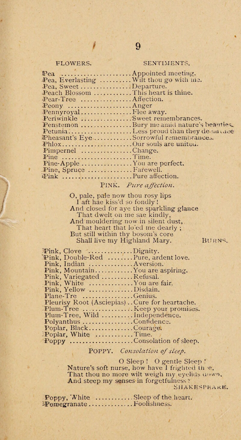S?ea .Appointed meeting. -Pea, Everlasting .Wilt thou go with me. •Pea, Sweet.Departure. Peach Blossom.This heart is thine. Pear-Tree .Affection. Peony .Anger Pennyroyal.Idee away. Periwinkle .Sweet remembrances. Penstemon.Bury me amid nature’s beauties. Petunia..Less proud than they deem uiee Pheasant’s Eye.Sorrowful remembrance^,. Phlox.Our souls are uniteu. Pimpernel .Change. Pine .Time. Pine-Apple.You are perfect. -Pine, Spruce .Fatewell. Pink .Pure affection. PINK. Pure affection. O, pale, pale now thou rosy lips I aft hae kiss'd so fondly ! And closed for aye the sparkling glance That dwelt on me sae kindly, And mouldering now in silent dust, That heart that lo’ed me dearly ; But still within thy bosom’s core Shall live my Highland Mary. Burns. Pink, Clove ....Dignity. Pink, Double-Red .Pure, ardent love. Pink, Indian ..Aversion. Pink, Mountain.You are aspiring. Pink, Variegated.Refusal. Pink, White .You are fair. Pink, Yellow .Disdain. Plane-Tre .Genius. Pleurisy Root (Asciepias) . .Cure for heartache. -Plum-Tree .Keep your promises. Plum-Tree, Wild.Independence. Polyanthus.Confidence. Poplar, Black.Courage. .Poplar, White .Time. Poppy .Consolation of sleep. POPPY. Consolation of sleep. O Sleep ! O gentle Sleep ’ Nature’s soft nurse, how have 1 frighted th ’e, That thou no more wilt weigh my eyelids unwt, And steep my senses in forgetfulness Shakespeare. Poppy, White .Sleep of the heart. i-Pomegranate.Foolishness.