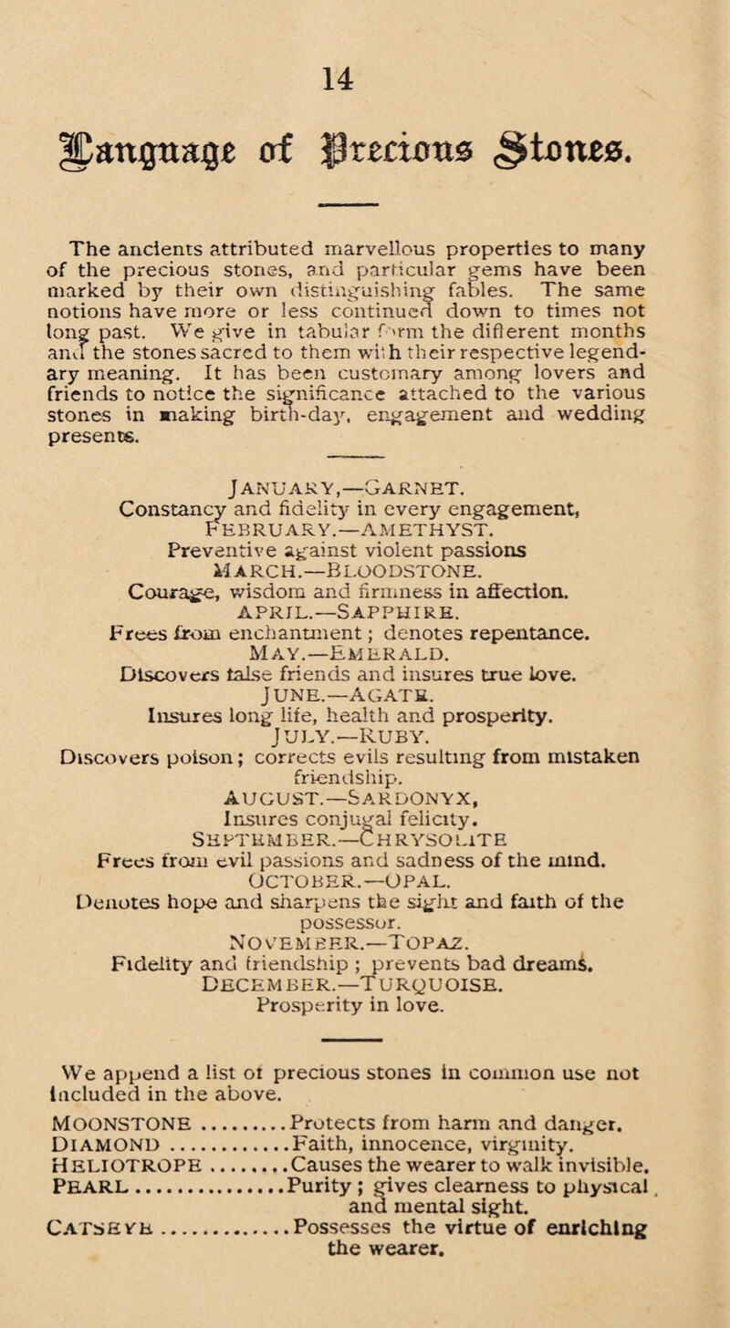 JPartgtta$£ of Precious The ancients attributed marvellous properties to many of the precious stones, and particular gems have been marked by their own distinguishing fables. The same notions have more or less continued down to times not long past. We give in tabular f >rm the different months anif the stones sacred to them wi;h their respective legend¬ ary meaning. It has been customary among lovers and friends to notice the significance attached to the various stones in making birth-day, engagement and wedding presents. January,—Garnet. Constancy and fidelity in every engagement, February.—amethyst. Preventive against violent passions M arch.—Bloodstone. Courage, wisdom and firmness in affection. April.—Sapphire. Frees from enchantment; denotes repentance. May.—Emerald. Discovers talse friends and insures true love. June.—Agate. Insures long life, health and prosperity. July.—Ruby. Discovers poison; corrects evils resulting from mistaken friendship. August.—Sardonyx, Insures conjugal felicity. September.—Chrysolite Frees from evil passions and sadness of the mind. October.—Opal. Denotes hope and sharpens the sight and faith of the possessor. November.—Topaz. Fidelity and friendship ; prevents bad dreams. December.—Turquoise. Prosperity in love. We append a list ot precious stones in common use not Included in the above. MOONSTONE.Protects from harm and danger, DIAMOND.Faith, innocence, virginity. Heliotrope.Causes the wearer to walk invisible. PEARL.Purity ; gives clearness to physical. and mental sight. Catseyh.Possesses the virtue of enriching the wearer.