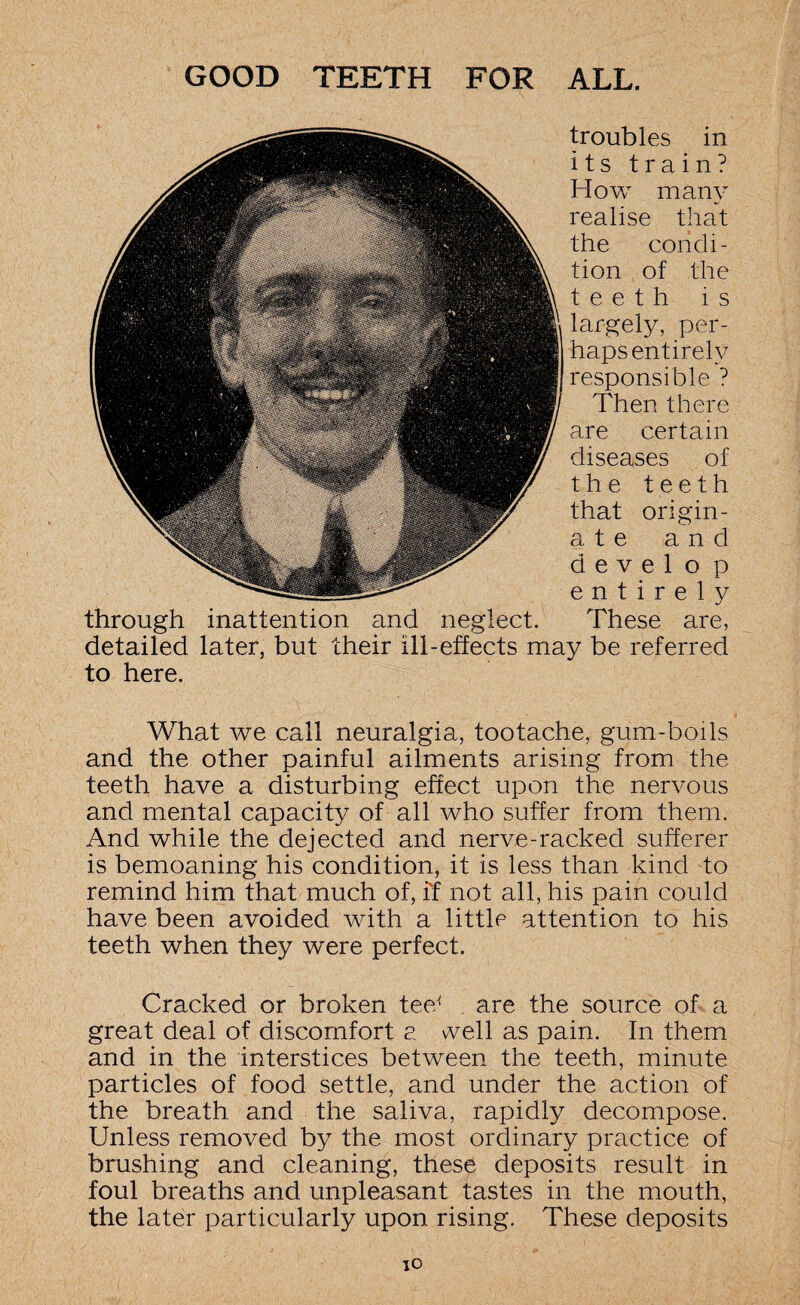 troubles in its train? How many realise that the condi¬ tion of the teeth is largely, per¬ haps entirely responsible ? Then there are certain diseases of the teeth that origin- a t e and d e v e 1 o p entirely through inattention and neglect. These are, detailed later, but their ill-effects may be referred to here. What we call neuralgia, tootache, gum-boils and the other painful ailments arising from the teeth have a disturbing effect upon the nervous and mental capacity of all who suffer from them. And while the dejected and nerve-racked sufferer is bemoaning his condition, it is less than kind to remind him that much of, if not all, his pain could have been avoided with a little attention to his teeth when they were perfect. Cracked or broken tee* . are the source of a great deal of discomfort a veil as pain. In them and in the interstices between the teeth, minute particles of food settle, and under the action of the breath and the saliva, rapidly decompose. Unless removed by the most ordinary practice of brushing and cleaning, these deposits result in foul breaths and unpleasant tastes in the mouth, the later particularly upon rising. These deposits IO