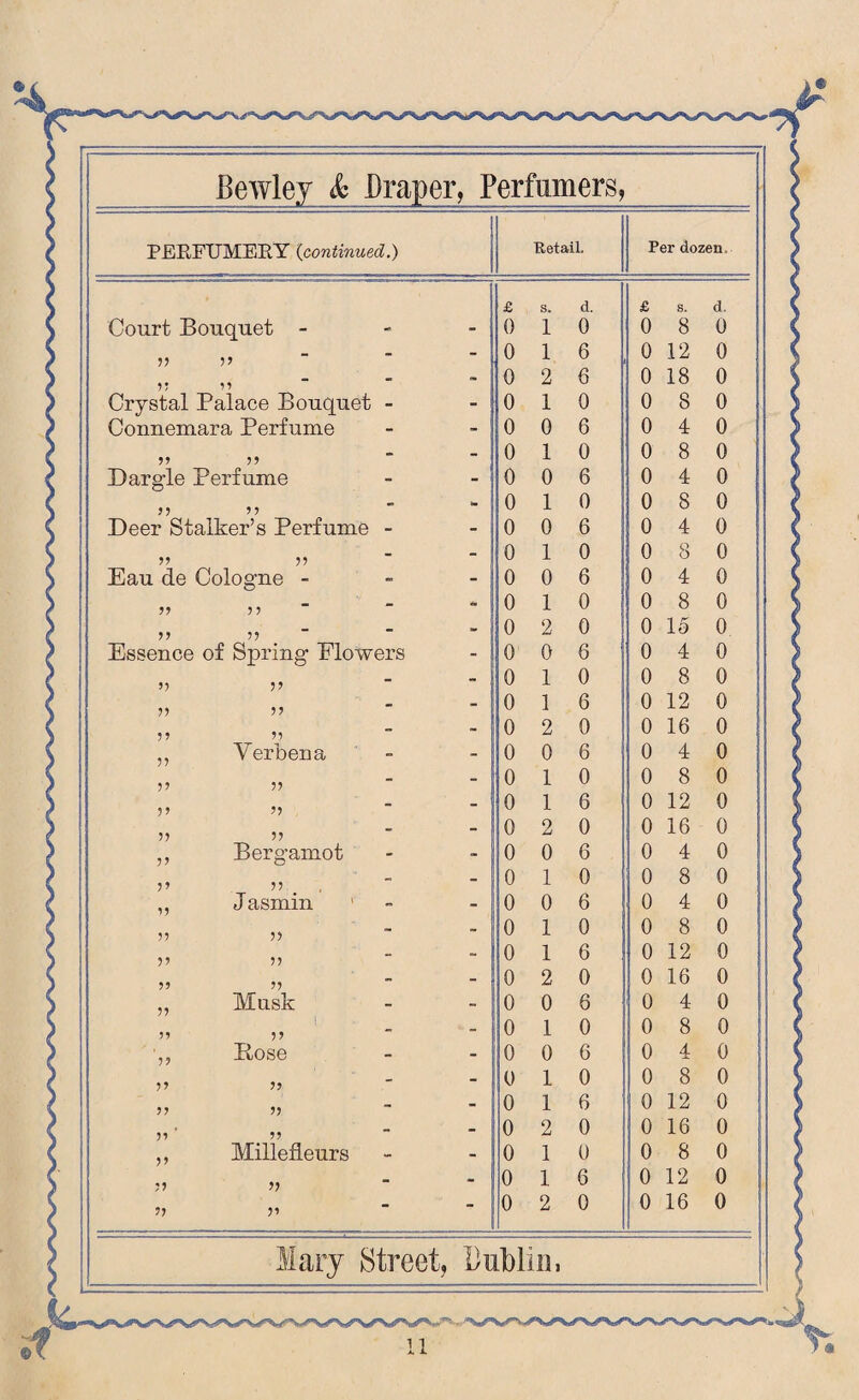 PERFUMERY (continued.) Retail. Per dozen. £ s. d. £ s. d.. Court Bouquet - - - 0 1 0 0 8 0 9 9 - - 0 1 6 0 12 0 - - 0 2 6 0 18 0 Crystal Palace Bouquet - - 0 1 0 0 8 0 Connemara Perfume - - 0 0 6 0 4 0 99 9 9 - - 0 1 0 0 8 0 Dargle Perfume - - 0 0 6 0 4 0 5 9 9 9 - - 0 1 0 0 8 0 Deer Stalker’s Perfume - - 0 0 6 0 4 0 99 99 - - 0 1 0 0 8 0 Eau de Cologne - - 0 0 6 0 4 0 99 9 9 - •ha 0 1 0 0 8 0 9 9 99 - - 0 2 0 0 15 0 Essence of Spring- Flowers - 0 0 6 0 4 0 9? 9 9 - - 0 1 0 0 8 0 9 9 - - [ 0 1 6 0 12 0 99 - - 0 2 0 0 16 0 Verbena - - 0 0 6 0 4 0 9 9 99 - - 0 1 0 0 8 0 9 9 99 - - 0 1 6 0 12 0 99 99 - - 0 2 0 0 16 0 9 9 Bergamot - 0 0 6 0 4 0 9 9 99 - 0 1 0 0 8 0 99 J asmin - 0 0 6 0 4 0 99 99 - - 0 1 0 0 8 0 9 ’ 99 - - 0 1 6 0 12 0 99 99 - - 0 2 0 0 16 0 99 Musk - - 0 0 6 0 4 0 99 99 - - 0 1 0 0 8 0 9 9 Bose - - 0 0 6 0 4 0 99 99 - - 0 1 0 0 8 0 99 99 - - 0 1 6 0 12 0 99 99 - - 0 2 0 0 16 0 99 99 Millefleurs - - ! 0 1 0 0 8 0 99 - - 0 1 6 0 12 0 99 9’ - - 0 2 0 0 16 0 Mary Street, BuBlii], —