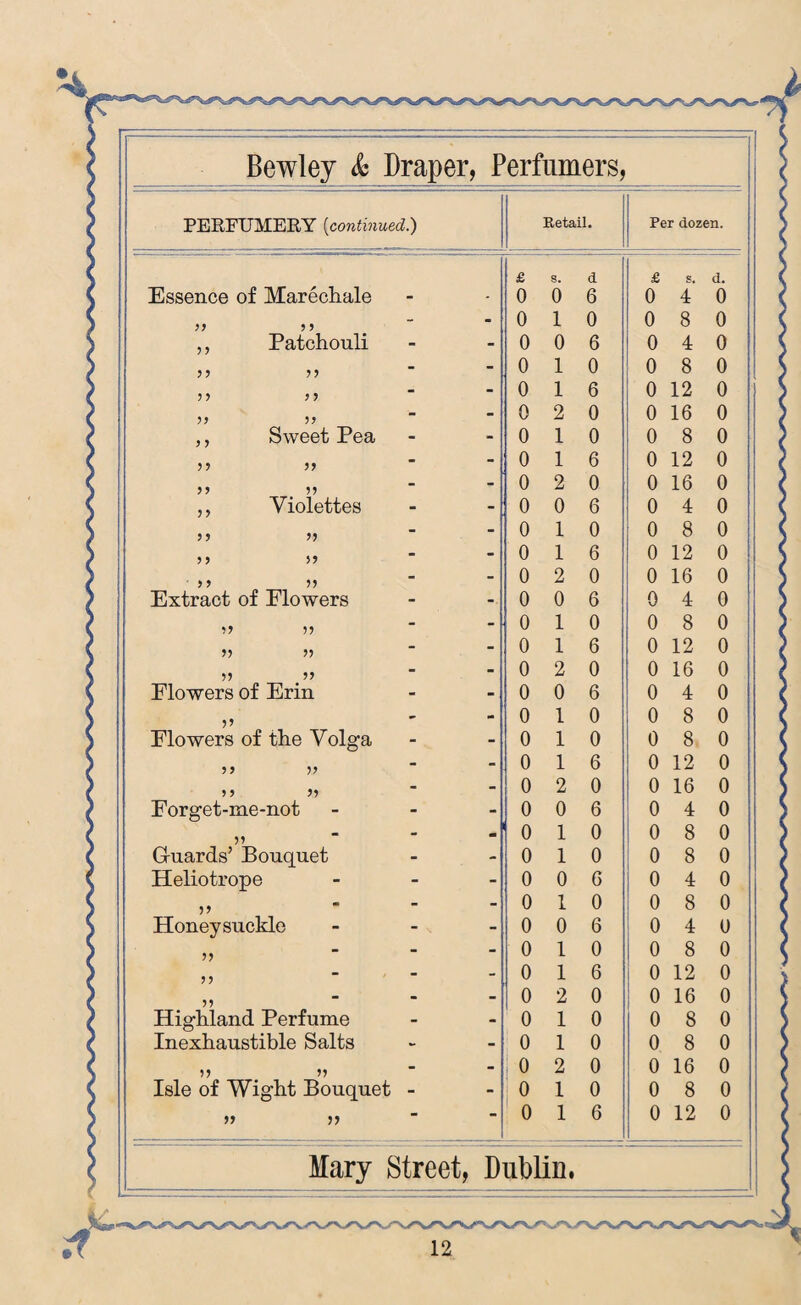 PERFUMERY (continued.) Retail. Per dozen. Mary Street, Dublin. £ s. d £ s. d. Essence of Marechale - - 0 0 6 0 4 0 99 9 9 - - 0 1 0 0 8 0 ,, Patchouli - - 0 0 6 0 4 0 99 99 - - 0 1 0 0 8 0 9 9 9 9 - - 0 1 6 0 12 0 9 9 9 9 •- - 0 2 0 0 16 0 ,, Sweet Pea - - 0 l 0 0 8 0 1 1 11 - - 0 1 6 0 12 0 9 9 9 9 - - 0 2 0 0 16 0 ,, Violettes - - 0 0 6 0 4 0 11 11 - - 0 1 0 0 8 0 5 5 5> - - 0 1 6 0 12 0 9 9 99 - - 0 2 0 0 16 0 Extract of Elowers - 0 0 6 0 4 0 n ii - - 0 1 0 0 8 0 ii ii - - 0 1 6 0 12 0 99 99 - - 0 2 0 0 16 0 Elowers of Erin - - 0 0 6 0 4 0 i i - - 0 1 0 0 8 0 Elowers of the Volga - - 0 1 0 0 8 0 9 9 99 - - 0 1 6 1 0 12 0 11 ii - - 0 2 0 0 16 0 Eorget-me-not -' - 0 0 6 0 4 0 99 - m 0 1 0 0 8 0 Gruards’ Bouquet - - 0 1 0 0 8 0 Heliotrope - - 0 0 G 0 4 0 99 - - 0 1 0 0 8 0 Honeysuckle - 0 0 6 0 4 0 99 - - 0 1 0 1 0 8 0 99 - - 0 1 6 0 12 0 99 - - 0 2 0 1 0 16 0 Highland Perfume - - 0 1 0 0 8 0 Inexhaustible Salts - - 0 1 0 0 8 0 9 9 99 - - 10 2 0 0 16 0 Isle of Wight Bouquet - - 0 1 0 0 8 0 ii ii