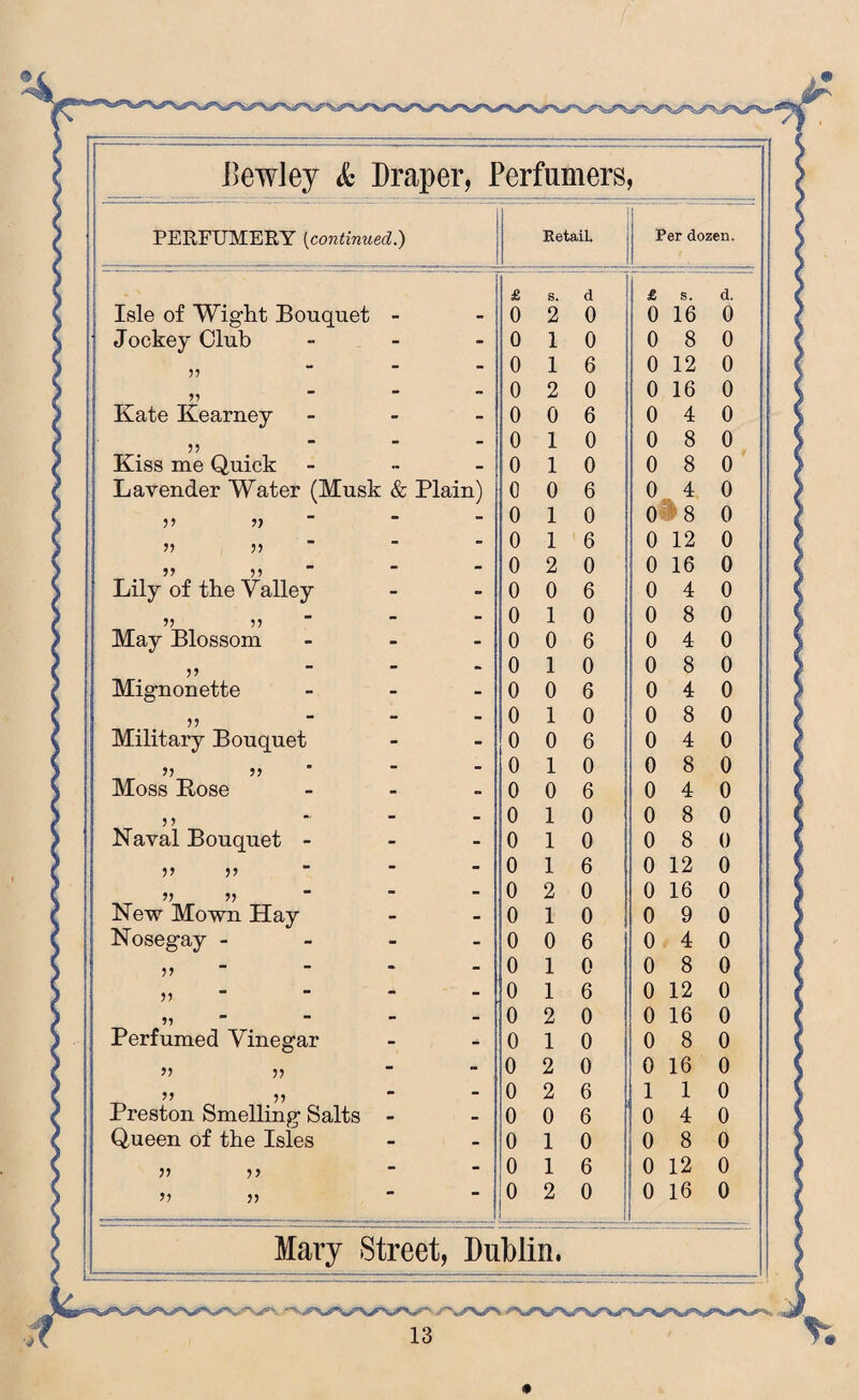 PERFUMERY (continued.) Retail. Per dozen. £ s. d i £ s. d. Isle of Wight Bouquet - - 0 2 0 0 16 0 Jockey Club - - 0 1 0 0 8 0 55 - - 0 1 6 0 12 0 55 - - . 0 2 0 0 16 0 Kate Kearney - - 0 0 6 0 4 0 55 - - 0 1 0 0 8 0 Kiss me Quick - - 0 1 0 0 8 0 Lavender Water (Musk & Plain) 0 0 6 0 4 0 11 11 - - to 1 0 0*8 0 11 11 - - 0 1 6 0 12 0 55 5 5 - - 0 2 0 0 16 0 Lily of the Valley - 0 0 6 0 4 0 55 55 - - 0 1 0 0 8 0 May Blossom - - 0 0 6 0 4 0 55 - - 0 1 0 0 8 0 Mignonette - - 0 0 6 0 4 0 55 - - 0 1 0 0 8 0 Military Bouquet - - 0 0 6 0 4 0 55 55 - - 0 1 0 0 8 0 Moss Rose - 0 0 6 o 4 0 5 5 - _ 0 1 0 0 8 0 Naval Bouquet - - - 0 1 0 0 8 0 11 11 - - 0 1 6 0 12 0 55 55 - - 0 2 0 0 16 0 New Mown Hay - - 0 1 0 0 9 0 Nosegay - - - 0 0 6 0 4 0 n - - 0 1 0 0 8 0 5 5 - - 0 1 6 !! 0 12 0 55 - 0 2 0 ! 0 16 0 Perfumed Vinegar - - 0 1 0 10 8 0 ii ii - - 0 2 0 0 16 0 ii ii - - 0 2 6 j 1 1 0 Preston Smelling Salts - - 0 0 6 o 4 0 Queen of the Isles - - 0 1 0 i 0 8 0 ii ii - - 0 1 6 10 12 0 a ii - - 0 2 0 0 16 0