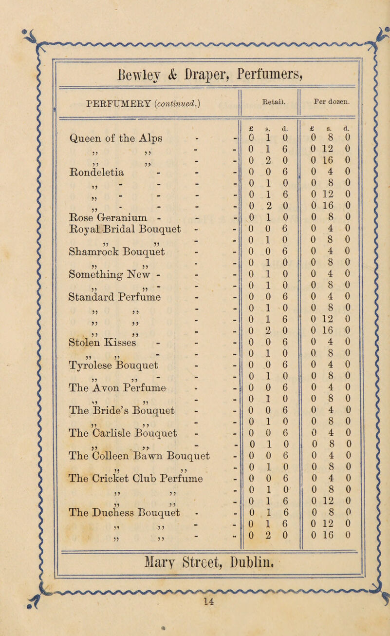 PERFUMERY (continued.) Retail. Per dozen. £ s. d. £ s. d. Queen of the Alps * - 0 1 0 0 8 0 5? ? ? - - 0 1 6 0 12 0 y 5 ?> - - 0 2 0 0 16 0 Rondeletia - - 0 0 6 0 4 0 - - 0 1 0 0 8 0 - - 0 1 6 0 12 0 - - 0 2 0 0 16 0 Rose Geranium - - - 0 1 0 0 8 0 Royal Bridal Bouquet - - 0 0 6 0 4 0 55 55 - - 0 1 0 0 8 0 Shamrock Bouquet - - 0 0 6 0 4 0 ?5 ? 5 - - 0 1 0 0 8 0 Something New - - - 0 1 0 0 4 0 - - 0 1 0 0 8 0 Standard Perfume - - 0 0 6 0 4 0 yy 5 y - - 0 1 0 0 8 0 yy ? y - - 0 1 6 0 12 0 5 5 5 5 - - 0 2 0 0 16 0 Stolen Kisses - - 0 0 6 0 4 0 - - 0 1 0 0 8 0 Tyrolese Bouquet - - 0 0 6 0 4 0 ?? ? > - - 0 1 0 0 8 0 The Avon Perfume • - 0 0 6 0 4 0 O ?5 - - 0 1 0 0 8 0 The Bride’s Bouquet - - 0 0 6 0 4 0 5? ? ? - - 0 1 0 0 8 0 The Carlisle Bouquet - - 0 0 6 0 4 0 55 55 - - 0 1 0 0 8 0 The Colleen Bawn Bouquet - 0 0 6 0 4 0 yy y y - 0 1 0 0 8 0 The Cricket Club Perfume - 0 0 6 0 4 0 55 55 - 0 1 0 0 8 0 yy yy - 0 1 6 0 12 0 The Duchess Bouquet - - 0 1 6 0 8 0 yy y y - - 0 1 6 0 12 0 55 5 5 - *• 0 2 0 0 16 0