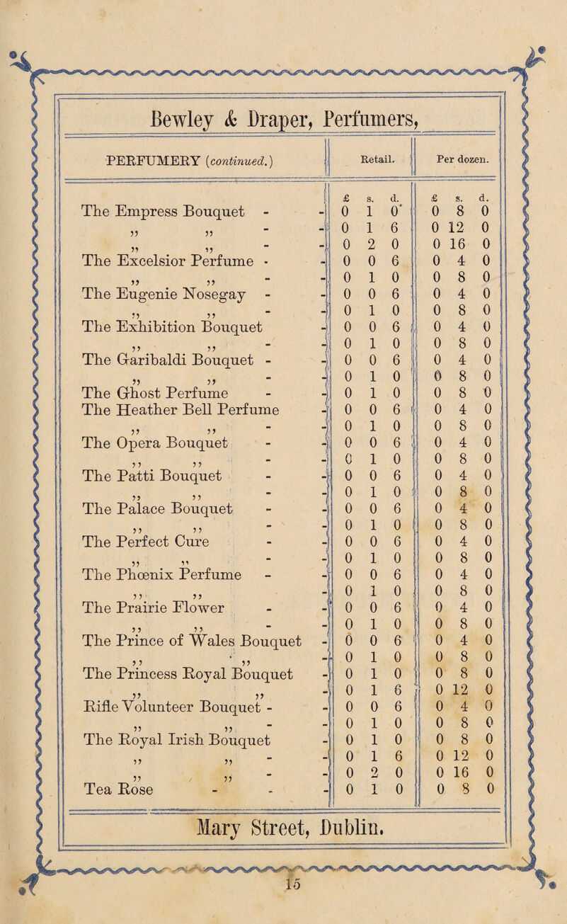 PERFUMERY (continued.) Retail. Per dozen. \ £ s. d. £ s. d. The Empress Bouquet - -j 0 1 G‘ 0 8 0 55 55 -i:j 0 1 6 0 12 0 55 V - 0 2 0 0 16 0 The Excelsior Perfume * 0 0 6 o 4 0 I 55 55 1 0 1 0 0 8 0 The Eugenie Nosegay 0 0 6 0 4 0 ”... ” The Exhibition Bouquet - 0 1 0 0 8 0 0 0 6 0 4 0 5 5 5 5 0 1 0 1 0 8 0 The Garibaldi Bouquet - i 0 0 6 1 0 4 0 55 5 5 0 1 0 ' 1 0 8 0 The Ghost Perfume 4 0 1 0 0 8 0 The Heather Bell Perfume 4 0 0 6 I 0 4 0 5 5 5 5 0 1 0 0 8 0 The Opera Bouquet 0 0 6 I 0 4 0 5 5 5 5 - 0 1 0 0 8 0 The Patti Bouquet 0 0 6 0 4 0 - 0 1 0 0 8 0 The Palace Bouquet - 0 0 6 1 0 4 0 5 5 5 5 - 0 1 0 0 8 0 The Perfect Cure - 0 0 6 0 4 0 5 5 5 i e -J 0 1 o 0 8 0 The Phoenix Perfume j 0 0 6 0 4 0 5 5 5 5 0 1 0 0 8 0 The Prairie Elower ■■ 0 0 6 0 4 0 5 5 5 5 -J 0 1 0 0 8 0 The Prince of Wales Bouquet V 0 0 6 0 4 0 5 5 5 5 - 0 1 0 0 8 0 The Princess Boyal Bouquet - 0 1 0 0 8 0 5 5 5 5 ! 0 1 8 0 12 0 Bifle Volunteer Bouquet - - 0 0 6 1 0 4 0 5 5 5 5 - 0 1 0 S 0 8 0 The Boyal Irish Bouquet -1 0 1 0 0 8 0 5 5 55 0 1 6 0 12 0 55 55  - 0 2 0 0 16 0 Tea Bose •i 0 1 0 i 0 8 0 ;