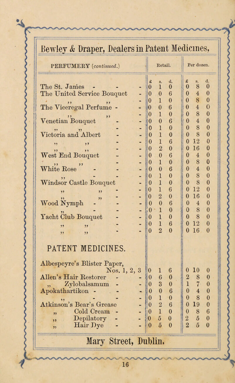 PERFUMERY (continued.) Retail. Per dozen. | £ s. d. ! £ s. — d. The St. James - 0 1 0 i 0 8 0 The United Service Bouquet 0 0 6 0 4 0 9 9 99 0 1 0 1 10 8 0 The Viceregal Perfume - 0 0 6 o 4 0 j > > > ■ i 0 1 o 0 8 0 } Venetian Bouquet i ■ 0 0 6 0 4 0 9? 99 0 1 0 0 8 0 Victoria and Albert _ ! 0 1 0 0 8 0 99 9 9 . | 0 1 6 0 12 0 99 9 9 0 2 0 0 16 0 West End Bouquet - 0 0 6 0 4 0 9 9 9 9 - 0 1 0 0 8 0 White Bose - 0 0 6 1 0 4 0 a - 0 1 0 0 8 0 Windsor Castle Bouquet - 0 1 0 0 8 0 99 99 - 0 1 6 0 12 0 99 99 - 0 2 0 0 16 0 Wood Nymph - 0 0 6 0 4 0 99 - ,0 1 0 0 8 0 Yacht Club Bouquet - 0 1 0 0 8 0 9 9 9 9 - 0 1 6 0 12 0 V 59 - 0 2 0 0 16 0 PATENT MEDICINES. 1 , Albespeyre’s Blister Paper, Nos. 1, 2, 3 0 1 6 0 10 0 Allen’s Hair Restorer : 0 6 0 | 2 8 o „ Zylobalsamum - 0 3 0 1 7 0 Apokathartikon - - 0 0 6 0 4 0 9 9 - 0 1 0 0 8 o Atkinson’s Bear’s G-rease _ 0 2 6 0 19 o „ Cold Cream - . 0 1 0 0 8 6 ,, Depilatory ” t 0 5 0 2 5 0 „ Hair Dye - i j 0 5 0 2 |f 5 0 1