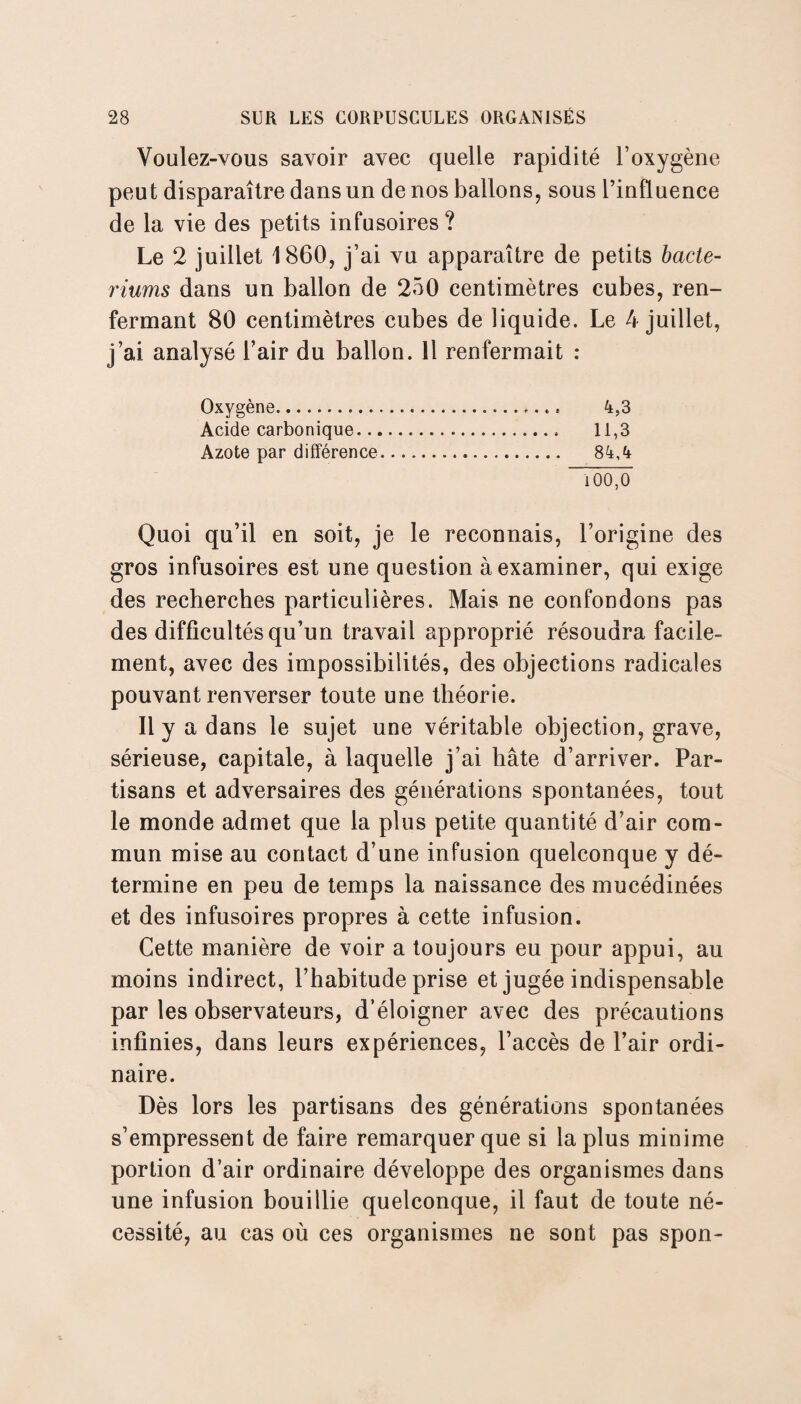 Voulez-vous savoir avec quelle rapidité l’oxygène peut disparaître dans un de nos ballons, sous l’influence de la vie des petits infusoires? Le 2 juillet 1860, j’ai vu apparaître de petits bacte- riums dans un ballon de 250 centimètres cubes, ren¬ fermant 80 centimètres cubes de liquide. Le 4 juillet, j’ai analysé l’air du ballon. 11 renfermait : Oxygène. 4,3 Acide carbonique. 11,3 Azote par différence. 84,4 100,0 Quoi qu’il en soit, je le reconnais, l’origine des gros infusoires est une question à examiner, qui exige des recherches particulières. Mais ne confondons pas des difficultés qu’un travail approprié résoudra facile¬ ment, avec des impossibilités, des objections radicales pouvant renverser toute une théorie. Il y a dans le sujet une véritable objection, grave, sérieuse, capitale, à laquelle j’ai hâte d’arriver. Par¬ tisans et adversaires des générations spontanées, tout le monde admet que la plus petite quantité d’air com¬ mun mise au contact d’une infusion quelconque y dé¬ termine en peu de temps la naissance des mucédinées et des infusoires propres à cette infusion. Cette manière de voir a toujours eu pour appui, au moins indirect, l’habitude prise et jugée indispensable par les observateurs, d’éloigner avec des précautions infinies, dans leurs expériences, l’accès de l’air ordi¬ naire. Dès lors les partisans des générations spontanées s’empressent de faire remarquer que si la plus minime portion d’air ordinaire développe des organismes dans une infusion bouillie quelconque, il faut de toute né¬ cessité, au cas où ces organismes ne sont pas spon-