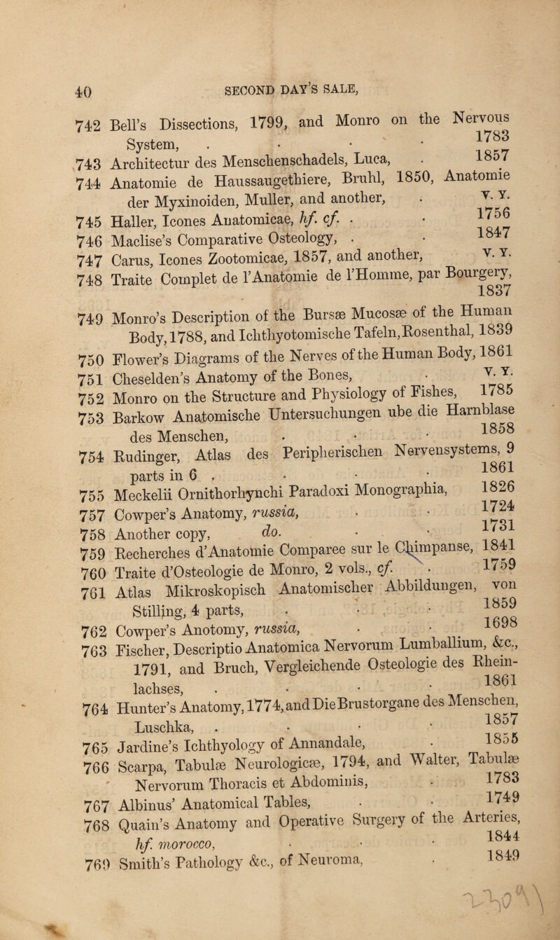 742 Bell’s Dissections, 1799, and Monro on the Nervous System, . 743 Architects des Menschenschadels, Luca, . 1807 744 Anatomie de Haussaugethiere, Bruhl, 1850, Anatomie der Myxinoiden, Muller, and another, . 745 Haller, leones Anatomicae, hf. cf. . • 47J^ 746 Maclise’s Comparative Osteology, . • 1847 747 Carus, leones Zootomicae, 18o7, and another, 748 Traite Complet de 1’Anatomie de 1’Homme, par Bourgery, 1837 749 Monro’s Description of the Bursae Mucosae of the Human Body, 1788, and Ichthyotomische Tafeln, Rosenthal, 1839 750 Flower’s Diagrams of the Nerves of the Human Body, 1861 751 Cheselden’s Anatomy of the Bones, ; Y- 7; 752 Monro on the Structure and Physiology of Fishes, 1785 753 Barkow Anatomische Untersuchungen ube die Harnblase des Menschen, • • * 754 Rudinger, Atlas des Peripherischen Nervensystems, 9 , • r , 1861 parts m 6 . 755 Meckelii Ornithorhynchi Paradoxi Monographia, 1826 757 Cowper’s Anatomy, russia, • • *7^4 758 Another copy, do. • ‘ 759 Recherches d’Anatomie Comparee sur le Cliimpanse, 1841 760 Traite d’Osteologie de Monro, 2 vols., cf. . 17°9 761 Atlas Mikroskopisch Anatomischer Abbildungen, von Stilling, 4 parts, . • • JJJ® 762 Cowper’s Anotomy, russia, • 763 Fischer, Descriptio Anatomica Nervorum Lumballium, &c., 1791, and Bruch, Vergleichende Osteologie des Rhein- lachses • • • * 1861 764 Hunter’s Anatomy, 1774, andDieBrustorgane des Menschen, Luschka, . • • -1857 765 Jardine’s Ichthyology of Annandale, • 18^5 766 Scarpa, Tabulae Neurologicse, 1794, and Walter, Tabulae Nervorum Thoracis et Abdominis, • 1783 767 Albums’ Anatomical Tables, • • 4/49 768 Quain’s Anatomy and Operative Surgery of the Arteries, I if4^4 hf. morocco, 76!) Smith’s Pathology &c., of Neuroma, • 1849 n n :