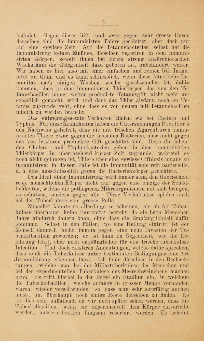 befindet. Gegen dieses Gift, und zwar gegen sehr grosse Dosen desselben sind die imniunisirten Thiere geschützt, aber doch nur auf eine gewisse Zeit. Auf die Tetanusbacterien selbst hat die Immunisirung keinen Einfluss, dieselben vegetiren in dem immuni- sirten Körper, soweit ihnen bei ihrem streng anaerobiotischen Wachsthum die Gelegenheit dazu geboten ist, unbehindert weiter. Wir haben es hier also mit einer einfachen und reinen Gift-Immu¬ nität zu thun, und es kann schliesslich, wenn diese künstliche Im¬ munität nach einigen Wochen wieder geschwunden ist, dahin kommen, dass in dem immunisirten Thierkörper das von den Te¬ tanusbacillen immer weiter producirte Tetanusgift nicht mehr un¬ schädlich gemacht wird und dass das Thier alsdann noch an Te¬ tanus zugrunde geht, ohne dass es von neuem mit Tetanusbacillen inficirt zu werden braucht. Das entgegengesetzte Verhalten finden wir bei Cholera und Typhus. Für diese Krankheiten haben die Untersuchungen Pfeiffer’s den Nachweis geliefert, dass die mit frischen Agarculturen immu¬ nisirten Thiere zwar gegen die lebenden Bacterien, aber nicht gegen das von letzteren producirte Gift geschützt sind. Denn die leben¬ den Cholera- und Typhusbacterien gehen in dem immunisirten Thierkörper in überraschend kurzer Zeit zugrunde, während es noch nicht gelungen ist, Thiere über eine gewisse Giftdosis hinaus zu immunisiren; in diesem Falle ist die Immunität eine rein bacterielle. d. h. eine ausschliesslich gegen die Bacterienkörper gerichtete. Das Ideal einer Immunisirung wird immer sein, den thierischen. resp. menschlichen Körper nicht nur gegen eine einzige der Schäd¬ lichkeiten, welche die pathogenen Mikroorganismen mit sich bringen, zu schützen, sondern gegen alle. Diese Verhältnisse spielen auch bei der Tuberkulose eine grosse Rolle. Zunächst könnte es allerdings so scheinen, als ob für Tuber¬ kulose überhaupt keine Immunität besteht, da sie beim Menschen Jahre hindurch dauern kann, ohne dass die Empfänglichkeit dafür abnimmt. Selbst in den Fällen, wo eine Heilung ein tritt, ist der Mensch dadurch nicht immun gegen eine neue Invasion der Tu¬ berkelbacillen geworden; er ist dann im Gegentheil, wie die Er¬ fahrung lehrt, eher noch empfänglicher für eine frische tuberkulöse Infection. Und doch existiren Andeutungen, welche dafür sprechen, dass auch die Tuberkulose unter bestimmten Bedingungen eine Art Jmmunisirung erkennen lässt. Ich finde dieselben in den Beobach¬ tungen, welche man bei der Miliartuberkulose des Menschen und bei der experimentellen Tuberkulose des Meerschweinchens machen kann. Es tritt hierbei in der Regel ein Stadium ein, in welchem die Tuberkelbacillen, welche anfangs in grosser Menge vorhanden waren, wieder verschwinden, so dass man sehr sorgfältig suchen muss, um überhaupt noch einige Reste derselben zu finden. Es ist dies sehr auffallend, da wir noch später sehen werden, dass die Tuberkelbacillen, wenn sie experimentell dein Körper einverleibt werden, ausserordentlich langsam resorbirt werden. Es scheint