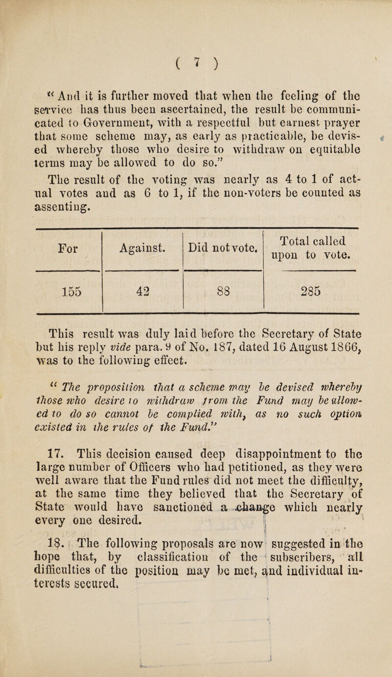 u And it is further moved that when the feeling of the service has thus been ascertained, the result be communi¬ cated to Government, with a respectful but earnest prayer that some scheme may, as early as practicable, be devis¬ ed whereby those who desire to withdraw on equitable terms may be allowed to do so.” The result of the voting was nearly as 4 to 1 of act¬ ual votes aud as 6 to 1, if the non-voters be counted as assenting. For Against. Did not vote. Total called upon to vote. 155 42 88 285 This result was duly laid before the Secretary of State but his reply vide para. 9 of No. 187, dated 16 August 1866, was to the following effect. u The proposition that a scheme way he devised whereby ihose who desire to withdraw from the Fund may he allow¬ ed to do so cannot he complied with} as no such option existed in the rules of the Fund.” 17. This decision caused deep disappointment to the large number of Officers who had petitioned, as they were well aware that the Fund rules did not meet the difficulty, at the same time they believed that the Secretary of State would have sanctioned a change which nearly every one desired. 18. The following proposals are now suggested in the hope that, by classification of the subscribers, all difficulties of the position may be met, and individual in¬ terests secured. i