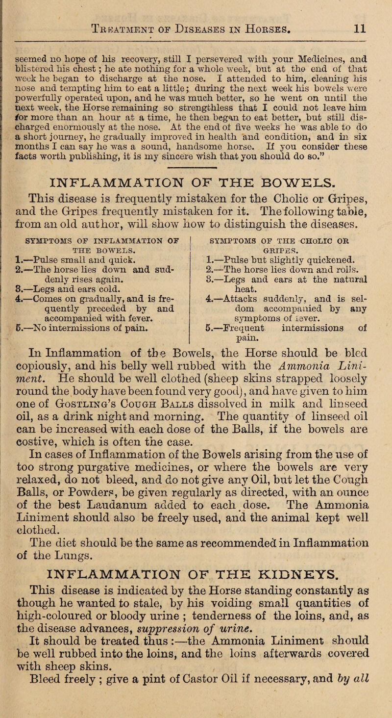 seemed no hope of his recovery, still I persevered with your Medicines, and blistered his chest; he ate nothing for a whole week, but at the end of that week he began to discharge at the nose. I attended to him, cleaning his nose and tempting him to eat a little; during the next week his bowels were powerfully operated upon, and he was much better, so he went on until the next week, the Horse remaining so strengthless that I could not leave him for more than an hour at a time, he then began to eat better, but still dis¬ charged enormously at the nose. At the end of five weeks he was able to do a short journey, he gradually improved in health and condition, and in six months I can say he was a somid, handsome horse. If you consider these facts worth publishing, it is my sincere wish that you should do so.” INFLAMMATION OF THE BOWELS. This disease is frequently mistaken for the Cholic or Gripes, and the Gripes frequently mistaken for it. The following table, from an old author, will show how to distinguish the diseases. SYMPTOMS OF INFLAMMATION OF THE BOWELS. 1. —Pulse small and quick. 2. —The horse hes down and sud¬ denly rises again. 3. —Legs and ears cold. 4. —Comes on gradually, and is fre¬ quently preceded by and accompanied with fever. 5. —No intermissions of pain. SYMPTOMS OF THE CHOLIC OH GRIPES. 1. —Pulse but slightly quickened. 2. —The horse hes down and rolls. 3. —Legs and ears at the natural heat. 4. —Attacks suddenly, and is sel¬ dom accompanied by any symptoms of lever. 5. —Frequent intermissions of pain. In Inflammation of the Bowels, the Horse should he bled copiously, and his belly well rubbed with the Ammonia Lini¬ ment. He should be well clothed (sheep skins strapped loosely round the body have been found very good), and have given to him one of Gostling’s Cough Balls dissolved in milk and linseed oil, as a drink night and morning. The quantity of linseed oil can be increased with each dose of the Balls, if the bowels are costive, which is often the case. In cases of Inflammation of the Bowels arising from the use of too strong purgative medicines, or where the bowels are very relaxed, do not bleed, and do not give any Oil, but let the Cough Balls, or Powders, be given regularly as directed, with an ounce of the best Laudanum added to each dose. The Ammonia Liniment should also be freely used, and the animal kept well clothed. The diet should be the same as recommended in Inflammation of the Lungs. INFLAMMATION OF THE KIDNEYS. This disease is indicated by the Horse standing constantly as though he wanted to stale, by his voiding small quantities of high-coloured or bloody urine ; tenderness of the loins, and, as the disease advances, suppression of urine. It should be treated thus :—the Ammonia Liniment should be well rubbed into the loins, and the loins afterwards covered with sheep skins. Bleed freely ; give a pint of Castor Oil if necessary, and by all