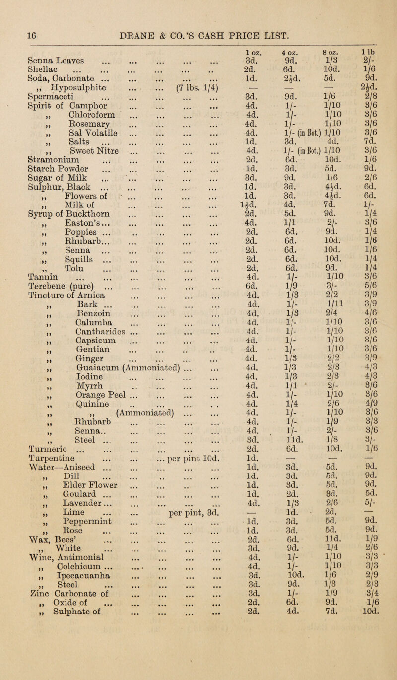 1 oz. 4 oz. 8 oz. 1 lb Senna Leaves . ••• ••• 3d. 9d. 1/3 2/- Shellac . ••• ••• •• 2d. 6d. lOd. 1/6 Soda, Carbonate ... ••• ••• ••• Id. 2id. 5d. 9d. ,, Hyposulphite ... (7 lbs. 1/4) — — — 2Jd. Spermaceti . ••• ••• ••• 3d. 9d. 1/6 2/8 Spirit of Camphor • • • » • • • • • 4d. 1/- 1/10 3/6 ,, Chloroform ••• ••• ••• 4d. 1/- 1/10 3/6 ,, Eosemary ••• ••• ••• 4d. 1/- 1/10 3/6 ,, Sal Volatile • •• ••• • • • 4d. 11- (in Bot.) 1/10 3/6 ,, Salts . ••• ••• Id. 3d. 4d. 7d. ,, Sweet Nitre 4d. 1/- (in Bot.) 1/10 3/6 Stramonium 2d. 6d. lOd. 1/6 Starch Powder Id. 3d. 5d. 9d. Sugar of Milk ••• ••• 3d. 9d. 1/6 2/6 Sulphur, Black . ••• ••< ••• Id. 3d. 4^d. 6d. ,, Flowers of • ... ••• ••• Id. 3d. 44d. 6d. „ Milk of ••• ••• ••• l^d. 4d. 7d. 1/- Syrup of Buckthorn • •• •* » 2d. 5d. 9d. 1/4 ,, Easton’s. ••• ••• ••• 4d. 1/1 2/- 3/6 ,, Poppies ... i • « • •» ••• 2d. 6d. 9d. 1/4 ,, Bhubarb... ••• ••• 2d. 6d. lOd. 1/6 ,, Senna . ... 2d. 6d. lOd. 1/6 „ Squills . ••• ••• 2d. 6d. lOd. 1/4 ,, Tolu . 2d. 6d. 9d. 1/4 Tannin . 4d. 1/- 1/10 3/6 Terebene (pure) ••• 6d. 1/9 3/- 5/6 Tincture of Arnica ... 4d. 1/3 2/2 3/9 ,, Bark. . 4d. 1/- 1/H 3/9 ,, Benzoin . 4d. 1/3 2/4 4/6 ,, Calumba ... 4d. 1/- 1/10 3/6 ,, Cantharides ... ••• ••• ••• 4d. 1/- 1/10 3/6 ,, Capsicum ••• ••• 4d. 1/- 1/10 3/6 ,, Gentian • • • • • • • 4d. 1/- 1/10 3/6 „ Ginger 4d. 1/3 2/2 3/9 ,, Guaiacum (Ammoniated) ... 4d. 1/3 2/3 4/3 ,, Iodine ••• ••• 4d. 1/3 2/3 4/3 ,, Myrrh • •• ••• •, , 4d. 1/1 2/- 3/6 ,, Orange Peel ... ••. ... ,,, 4d. 1/- 1/10 3/6 ,, Quinine • • • , , . , « 4d. 1/4 2/6 4/9 9) |Aninioiii0»tGdj ,,, ,,, 4d. 1/- 1/10 3/6 ,, Bhubarb ••• ••• ••• 4d. 1/- 1/9 3/3 ,, Senna.. ••• 4d. . 1/- 2/- 3/6 ,, Steel ... ... ... 3d. lid. 1/8 3/- Turmeric ... • • • • ♦ • 2d. 6d. lOd. 1/6 Turpentine ... per pint lCd. Id. — — — Water—Aniseed ... •«< ••• Id. 3d. 5d. 9d. ,, Dill . Id. 3d. 5d. 9d. ,, Elder Flower • •• •• • • • Id. 3d. 5d. 9d. „ Goulard ... ••• ••• ••• Id. 2d. 3d. 5d. ,, Lavender... ••• ••• ••• 4d. 1/3 2/6 5/- ,, Lime . per pint, 3d. —* Id. 2d. — ,, Peppermint ••• ••• ••• Id. 3d. 5d. 9d. ,, Bose Id. 3d. 5d. 9d. Wax, Bees’ . ••• ••• 2d. 6d. lid. 1/9 „ White . 3d. 9d. 1/4 2/6 Wine, Antimonial ••• ••• ••• 4d. 1/- 1/10 3/3 * ,, Colchicum. » M ••• ••• 4d. i/- 1/10 3/3 ,, Ipecacuanha • • • •«« ••• 3d. lOd. 1/6 2/9 ,, Steel ... ... • •• • • • ••• 3d. 9d. 1/3 2/3 Zinc Carbonate of • •• ••• ••• 3d. 1/- 1/9 3/4 ,, Oxide of . • •• ••• ••• 2d. 6d. 9d. 1/6 • • •