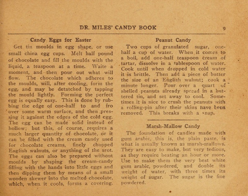 t DR. MILES’ CANDY BOOK Candy Eggs for Easter Get tin moulds in egg shape, or use small china egg cups. Melt half pound of chocolate and fill the moulds with the liquid, a teaspoon at a time. Waite a moment, and then pour out what will flow. The chocolate which adheres to the moulds, will, after cooling, form the egg, and may be detatched by tapping the mould lightly. Forming the perfect egg is equally easy. This is done by rub¬ bing the edge of one-half to and fro ' over some warm surface, and then pres¬ sing it against the edges of the cold egg. The egg can be made ’ solid instead of hollow; but this, of course, requires a much larger quantity of chocolate, or it can be filled with the cream candy used for chocolate creams, finely chopped English walnuts, or anything of the srot. The eggs can also be prepared without moulds by shaping the cream-candy filling with the hands into little eggs and then dipping them by means of a small wooden skewer into the melted chocolate, which, when, it cools, forms a covering. Peanut Candy Two cups of granulated sugar, one- half a cup of water. When it comes to a boil, add one-half teaspoon cream of tartar, dissolve in a tablespoon of water. Cook until when dropped in cold water it is brittle. Then add a piece of butter the size of an English walnut; cook a minute longer. Pour over a quart of shelled peanuts already spread in a but¬ tered tin, and set away to cool. Some¬ times it is nice to crush the peanuts with a rolling-pin after their skins have been removed. This breaks with a 6nap. Marsh-Mallow Candy The foundation of candies made with gum arabic, this is, the plain paste, is what is usually known as marsh-mallows. They are easy to make, but very tedious, as they require beating an hour or more. Use to make them the very best white gum arabic, powdered, and double its weight of water, with three times its weight of sugar. The sugar is the fine powdered.